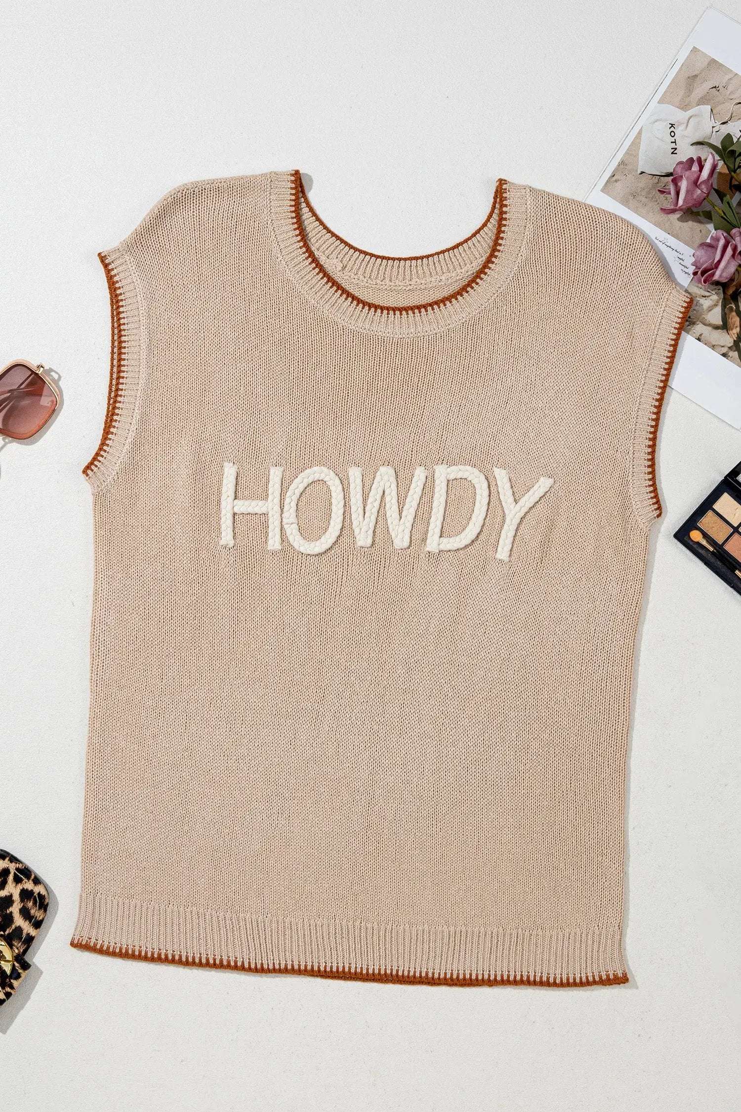 Dear-Lover Dropshipping Parchment Contrast Trim Short Sleeve Knit HOWDY Western Sweater - Sweaters & Cardigans/Short Sleeve Sweaters