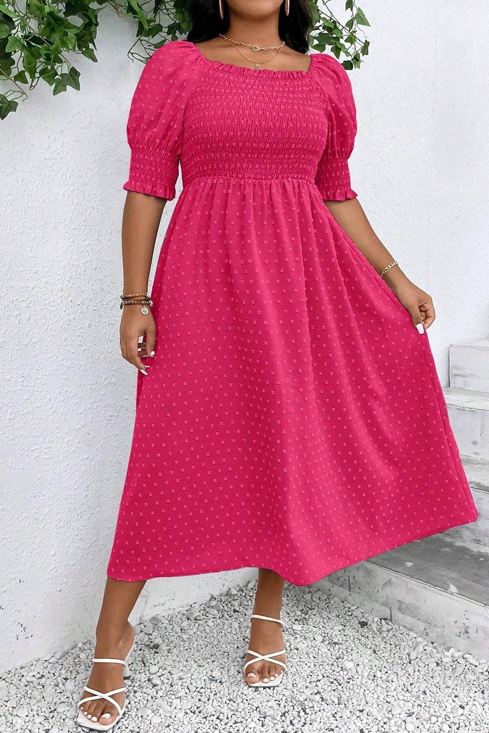 Plus size Sunday Ready Swiss dot smocked frilled neckline short sleeve dress in wisteria