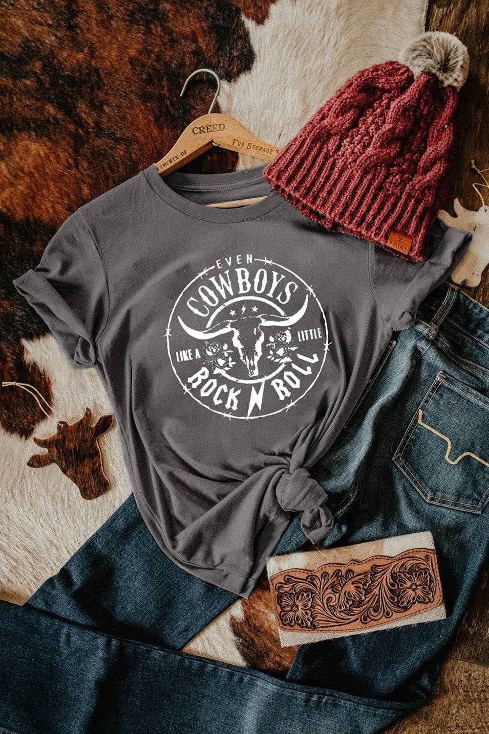 gray western letter steer head graphic tee for women casual everyday outfit