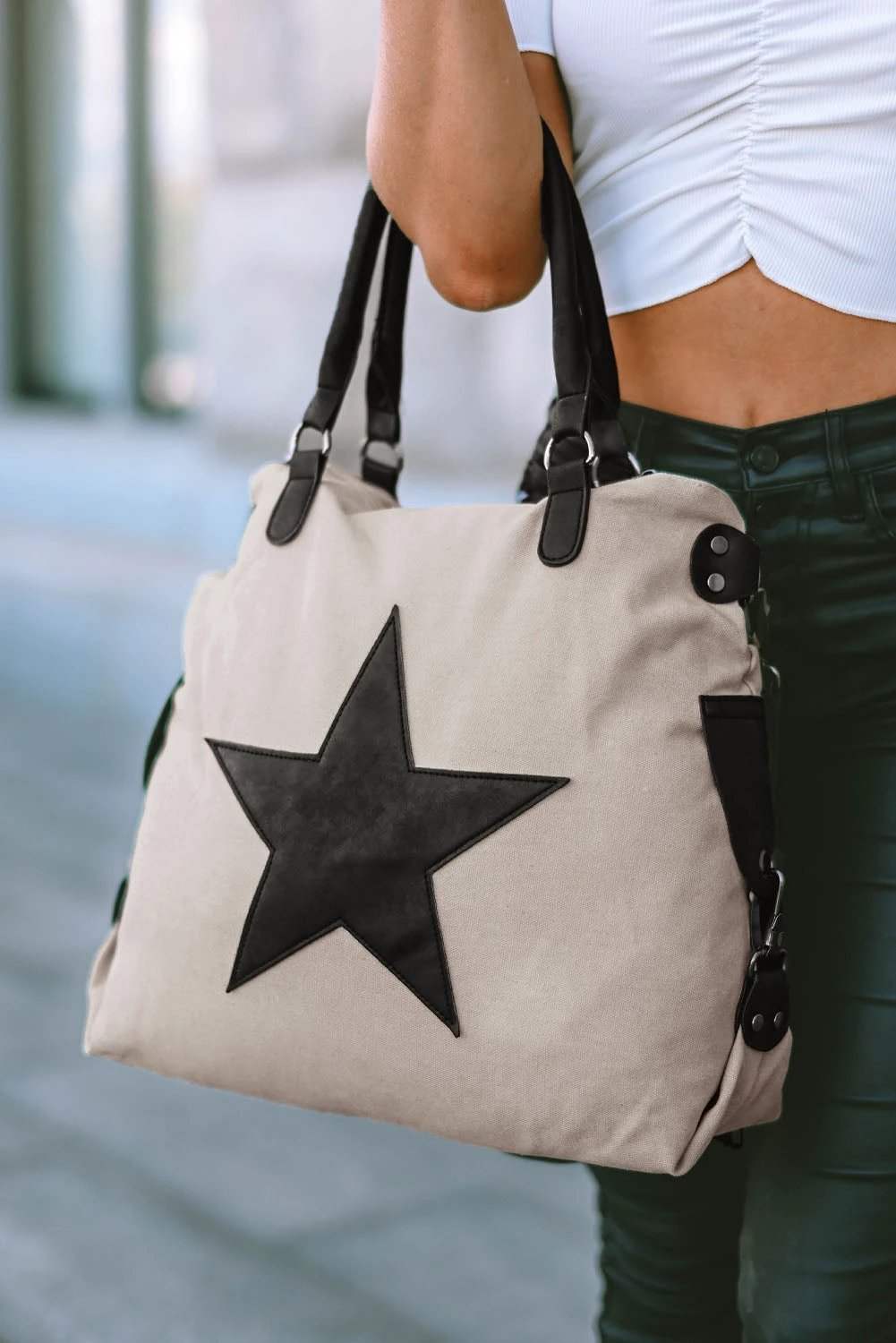 beige casual five-pointed star canvas tote bag for women casual everyday outfit