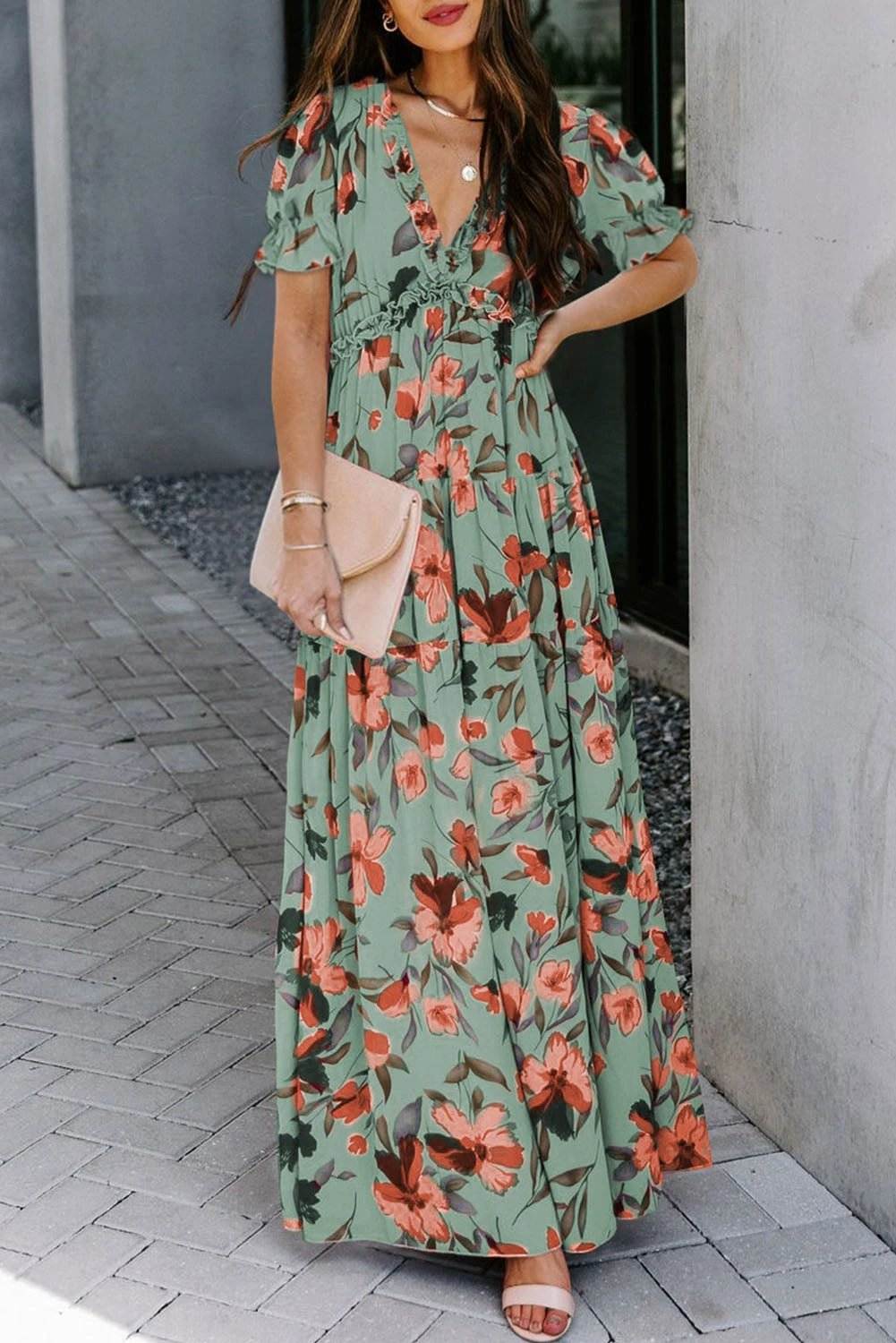 sky blue fiery floral print frilled v neck short sleeve maxi dress for women casual everyday outfit