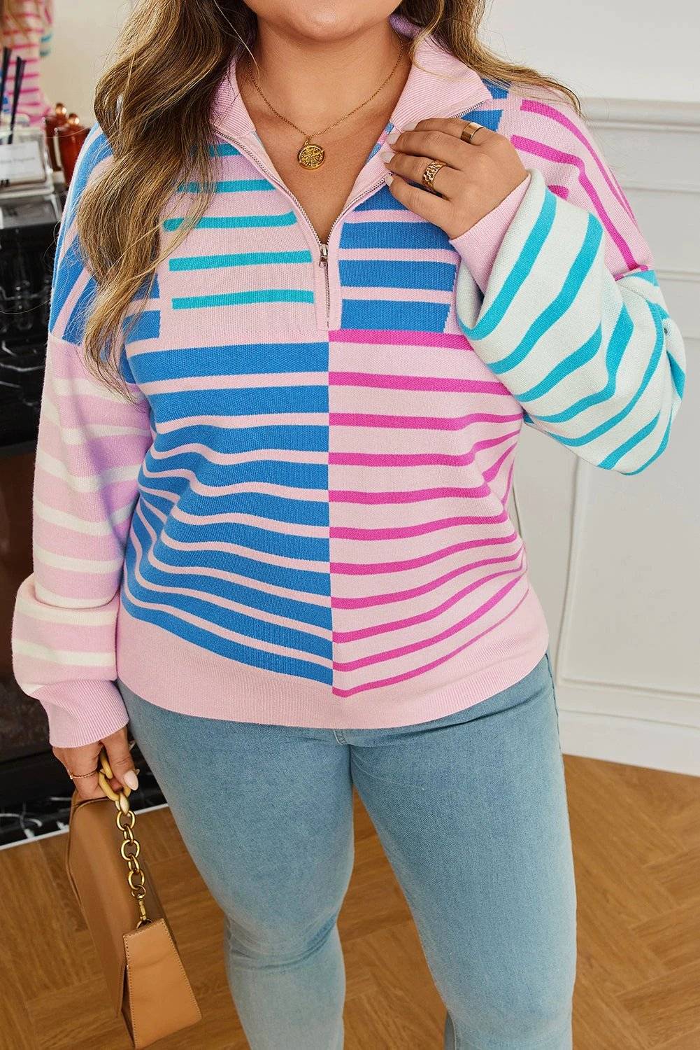 Plus size striped colorblock half zip sweater with pastel stripes and relaxed fit