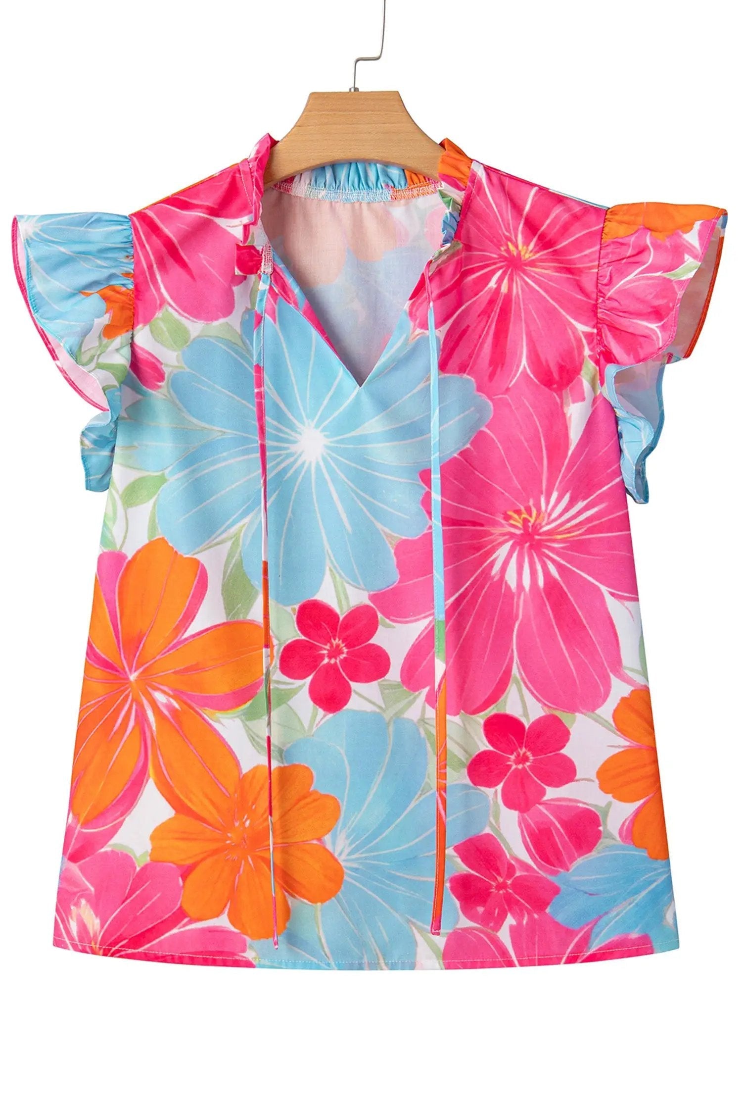 Multicolour vibrant floral tie-neck sleeveless blouse with ruffle trim