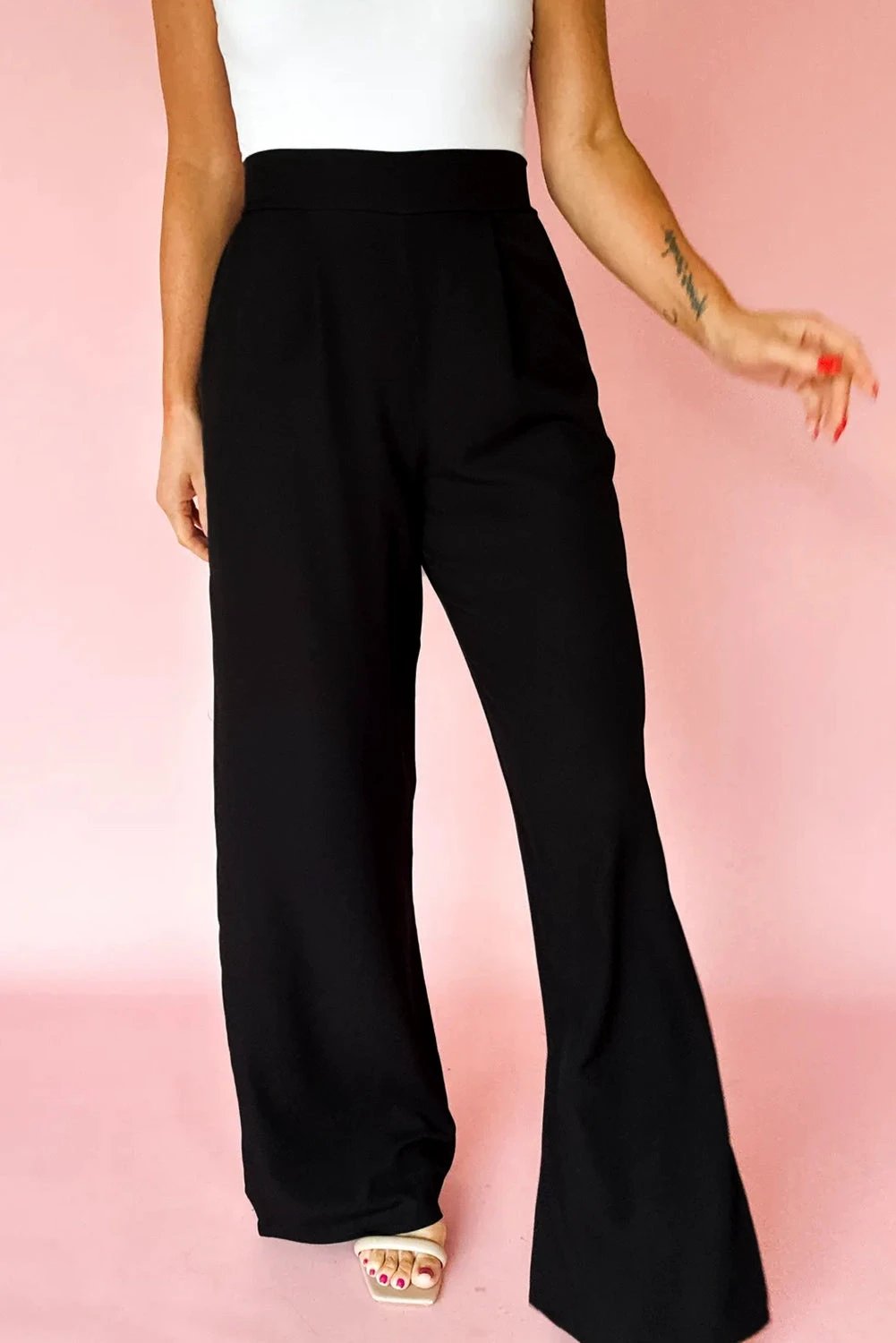 black pleated detail pull on high elastic waist loose straight pants for women casual everyday outfit