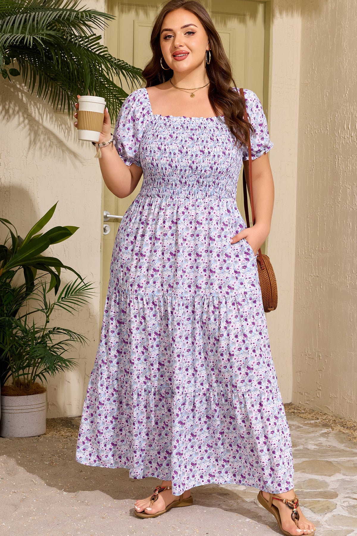 Plus Size Floral Print Square Neck Smocked Maxi Dress