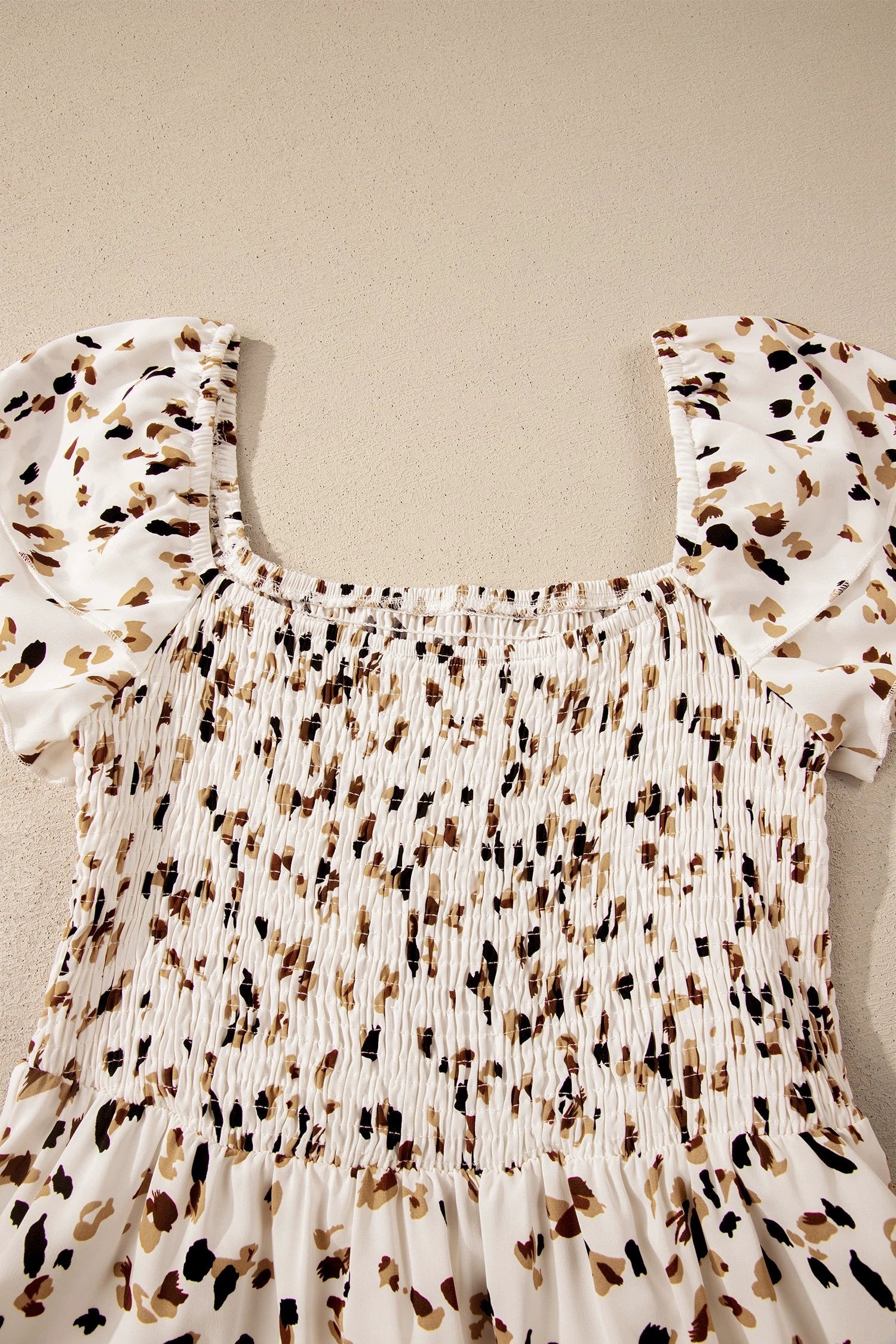beige ditsy floral print smocked square neck ruffle short sleeve dress for women casual everyday outfit