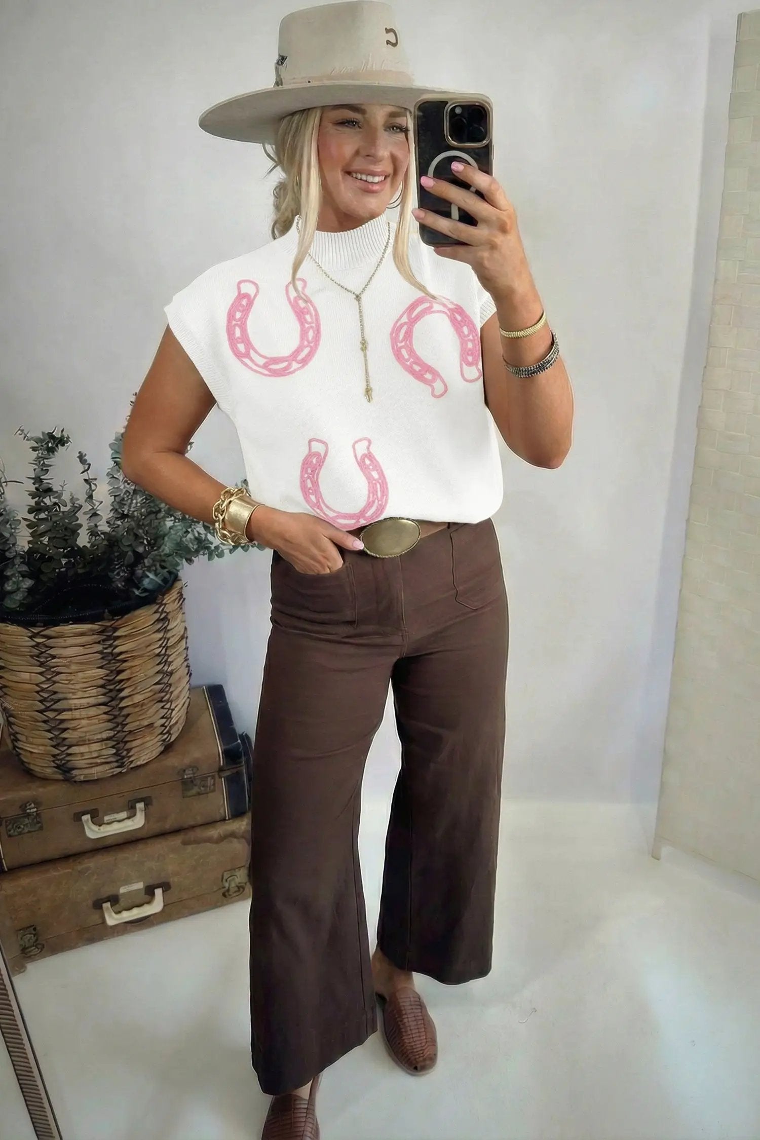 Bright green western horseshoes ribbed mock neck short sleeve knit sweater with pink embroidery