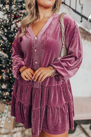 Plus size textured velvet tiered dress in meadow mauve with front buttons and A-line silhouette