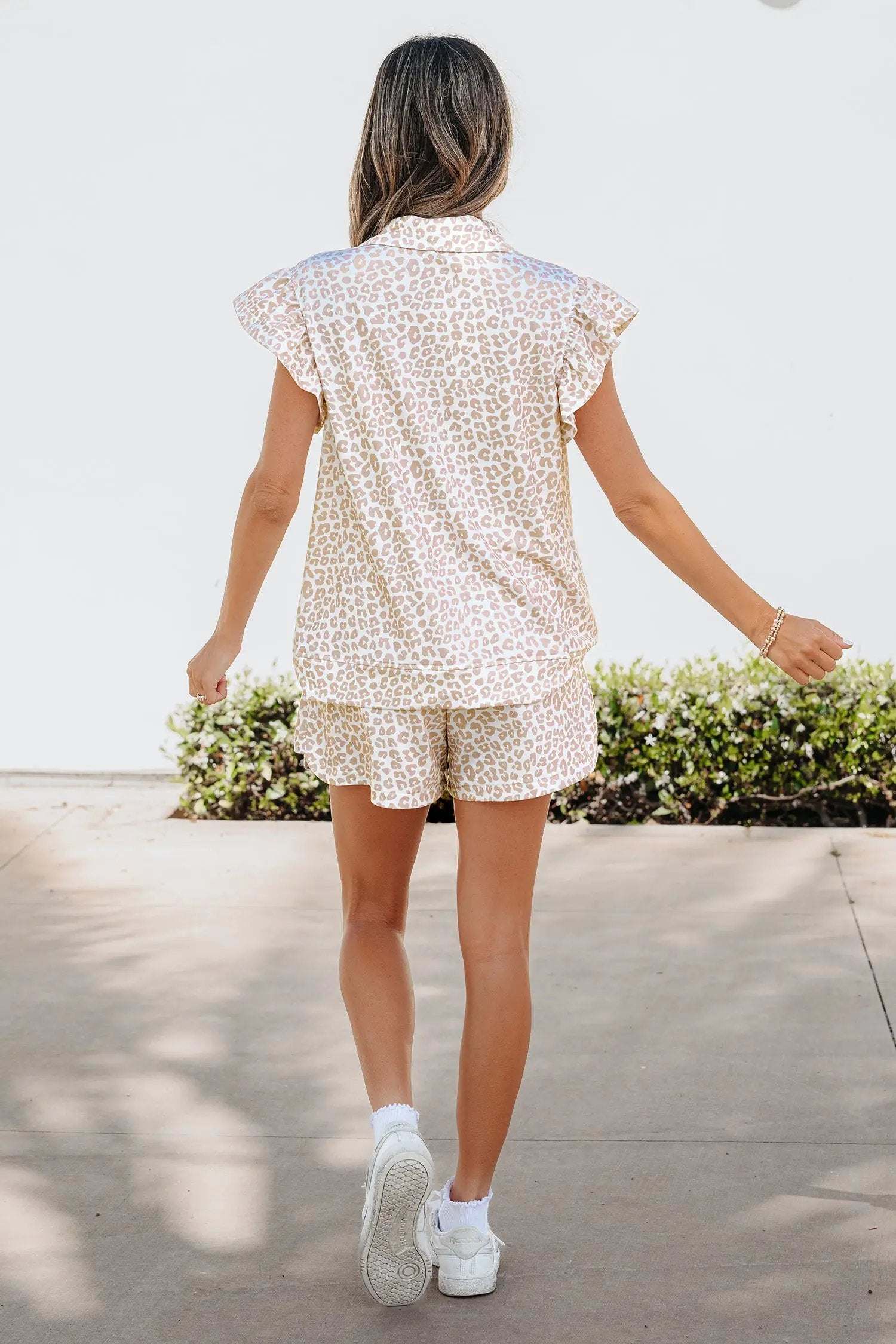 J&H Apparel Beige Leopard Zip Polo Top 2pcs Short Set - Outfit Sets Two Piece Sets/Short Sets