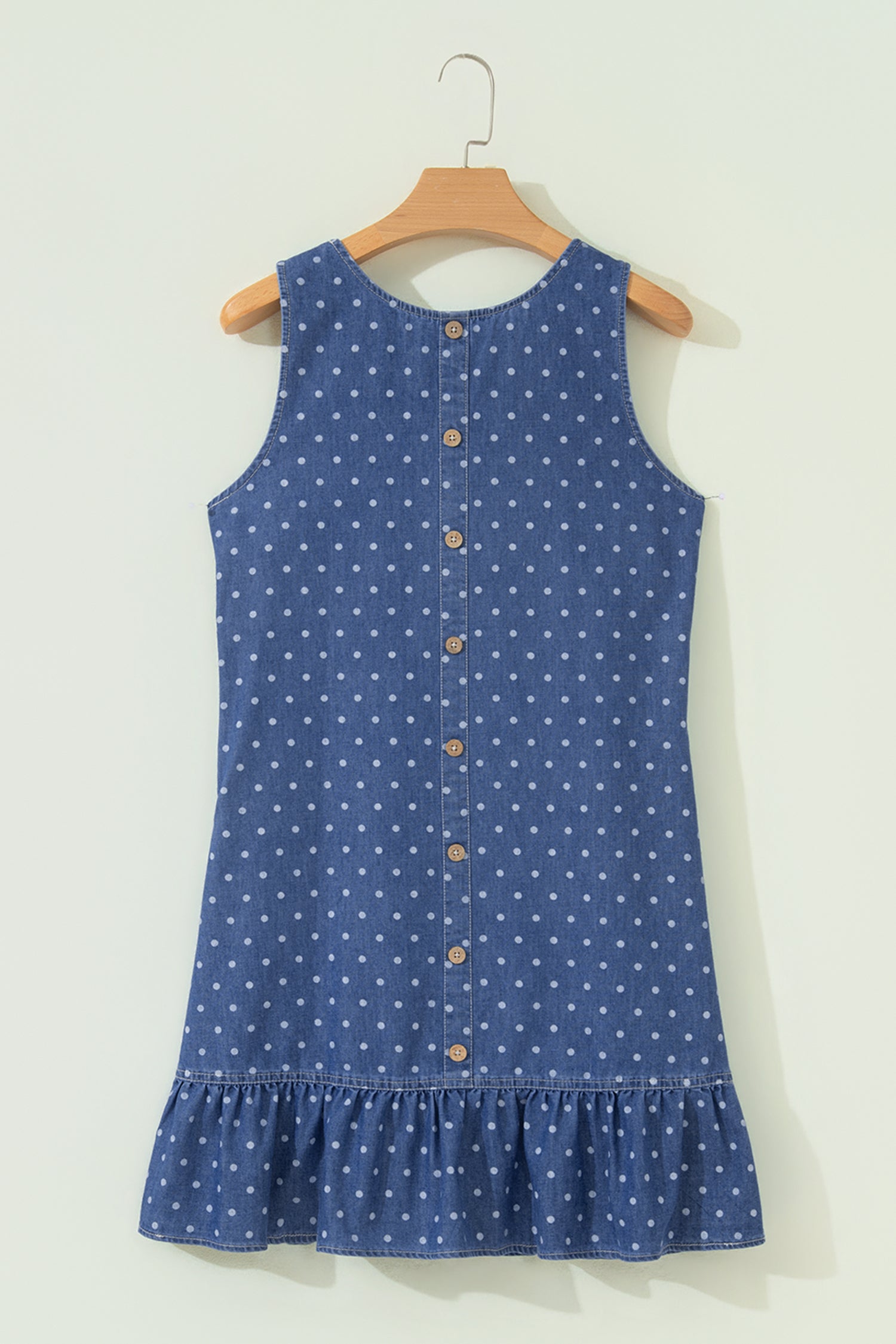 Polka Dot Ruffle Hem Sleeveless Denim Mini Dress — everyday dress for women | J&H Apparel
