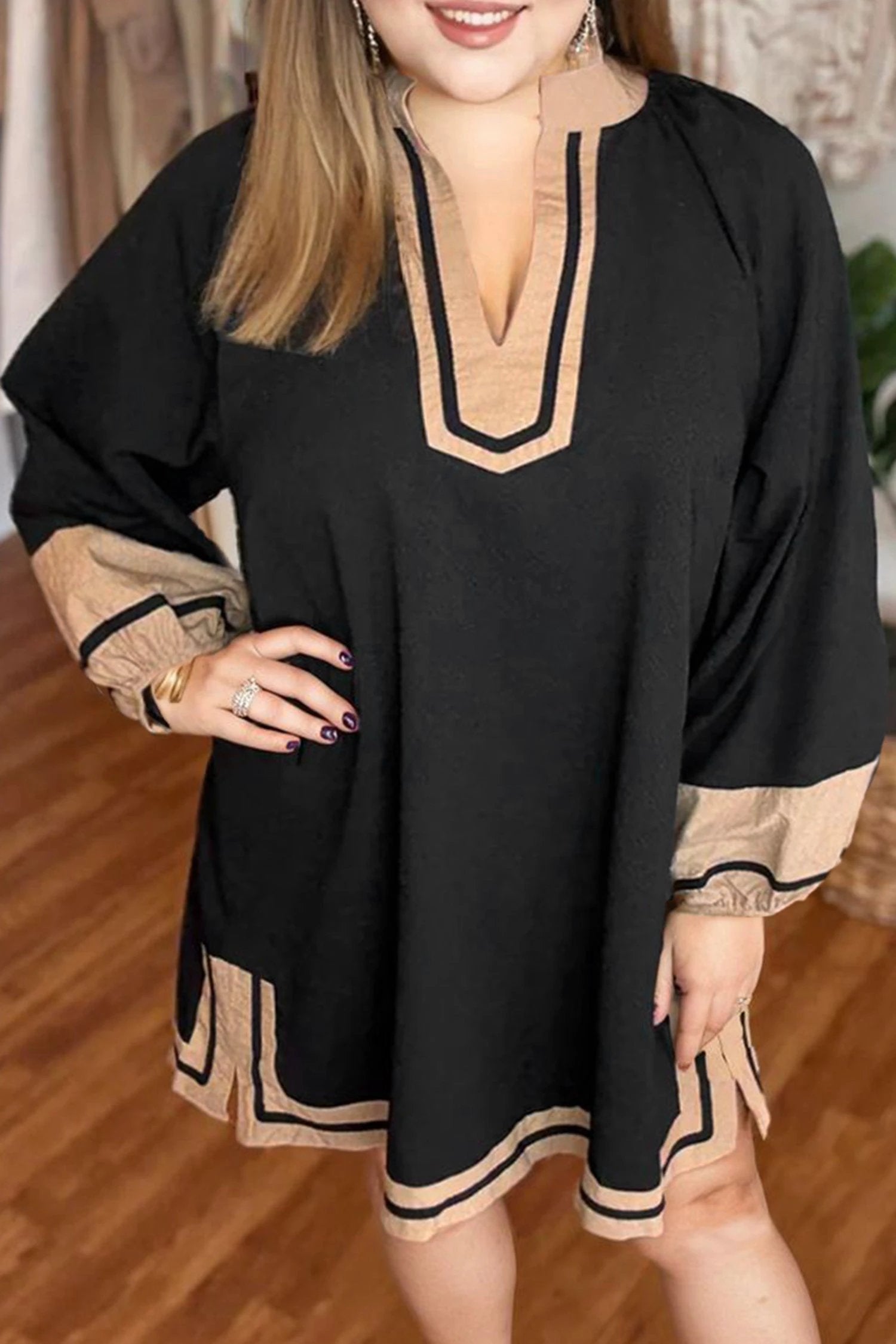 plus size color block V-neck dress