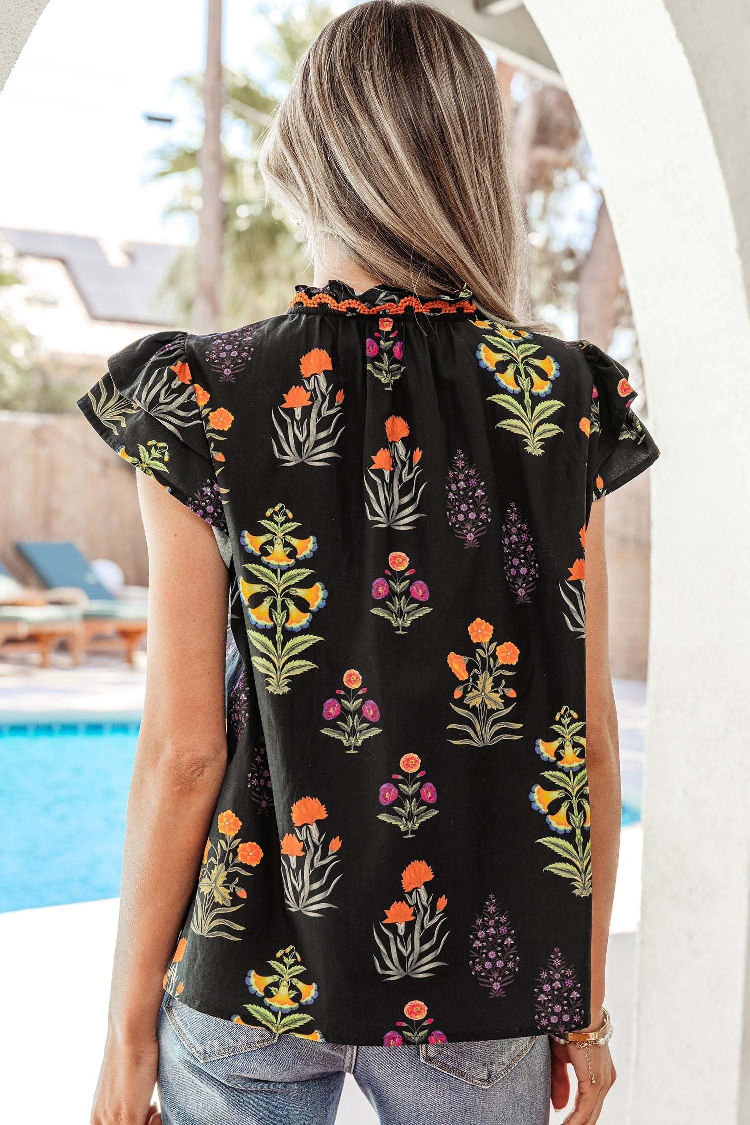 black floral print lace trim frilled v neck short sleeve shirt for women casual everyday outfit