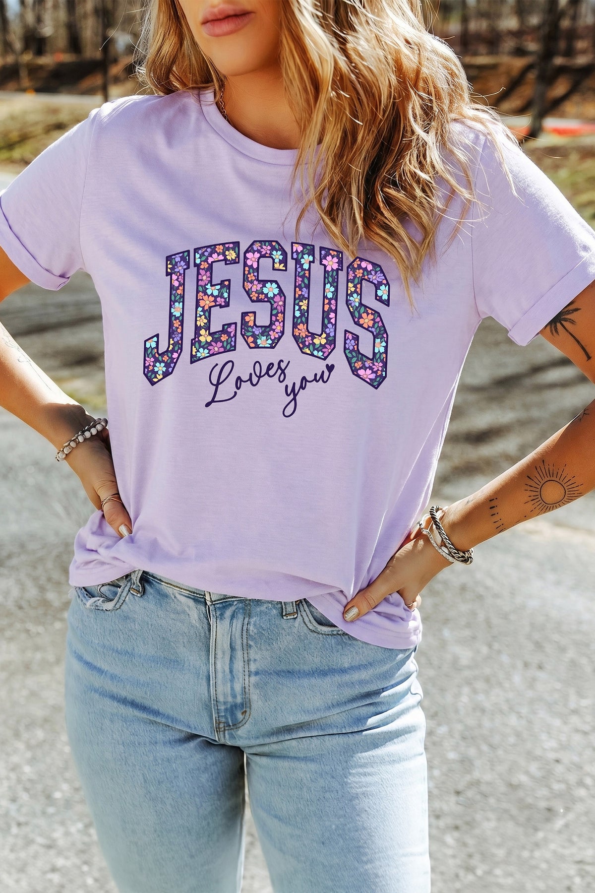 Christian Floral Letter Graphic Round Neck T-Shirt