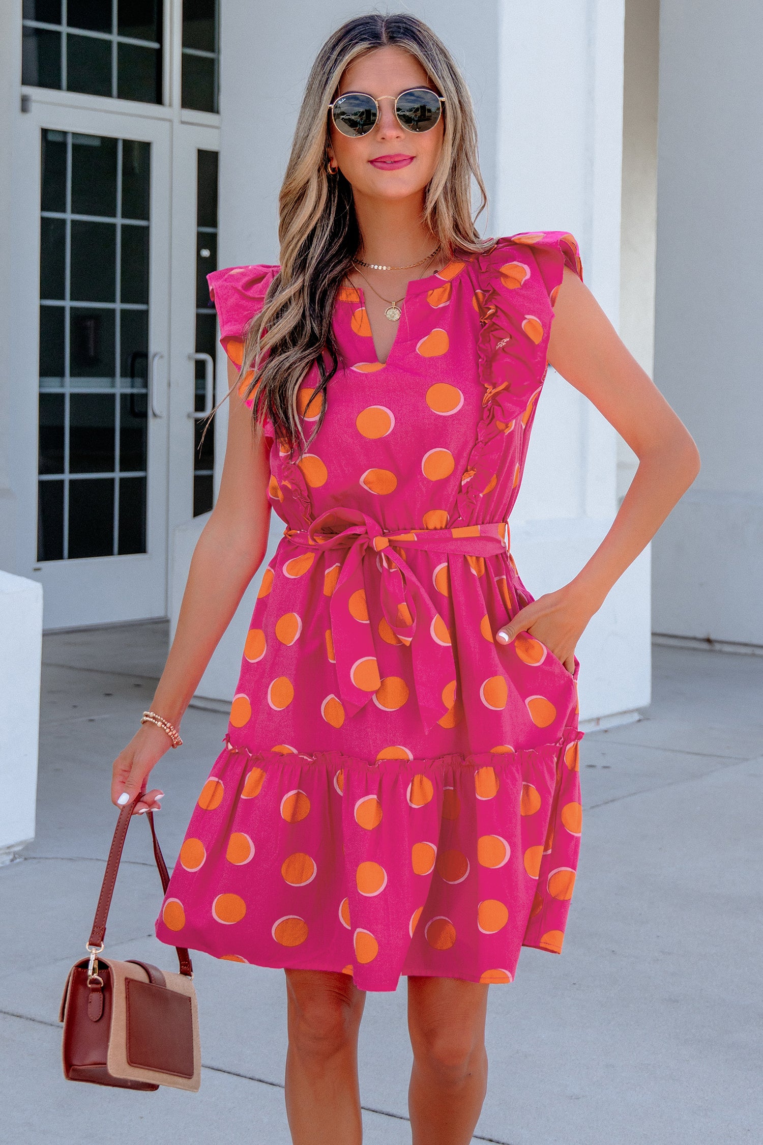 Double Polka Dot V-Neck Ruffled Short Sleeve Dress — everyday dress for women | J&H Apparel