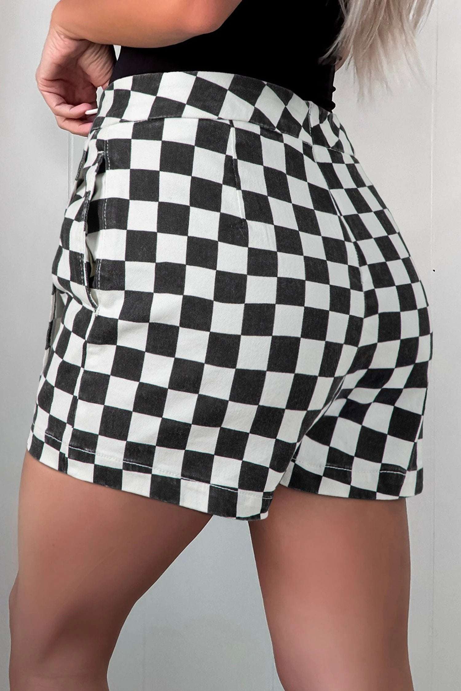 black checkered print overlap denim shorts for women casual everyday outfit