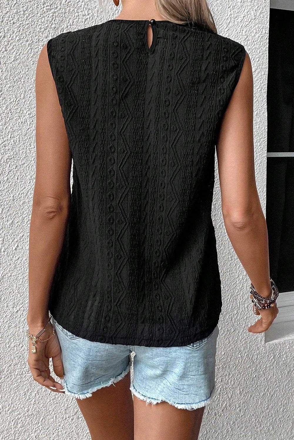 Black lace crochet keyhole back tank top with guipure lace overlay and flattering drape