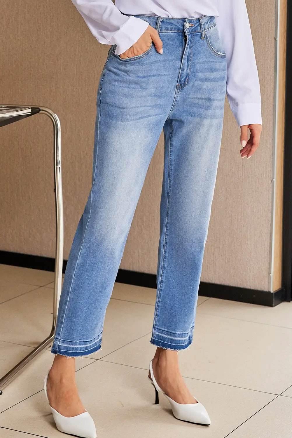 Whiskered Wash Cropped Jeans with raw hem showcasing Main Character Energy style