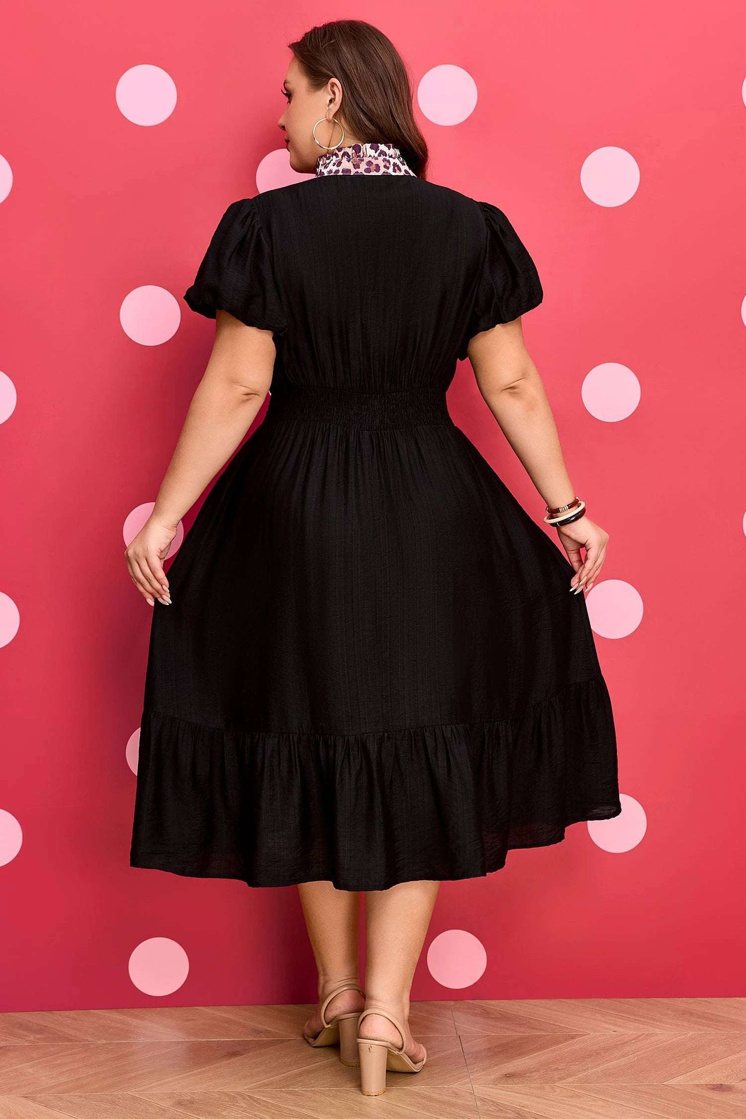 Plus size patchwork smocked waist dress with V-neck and leopard accent