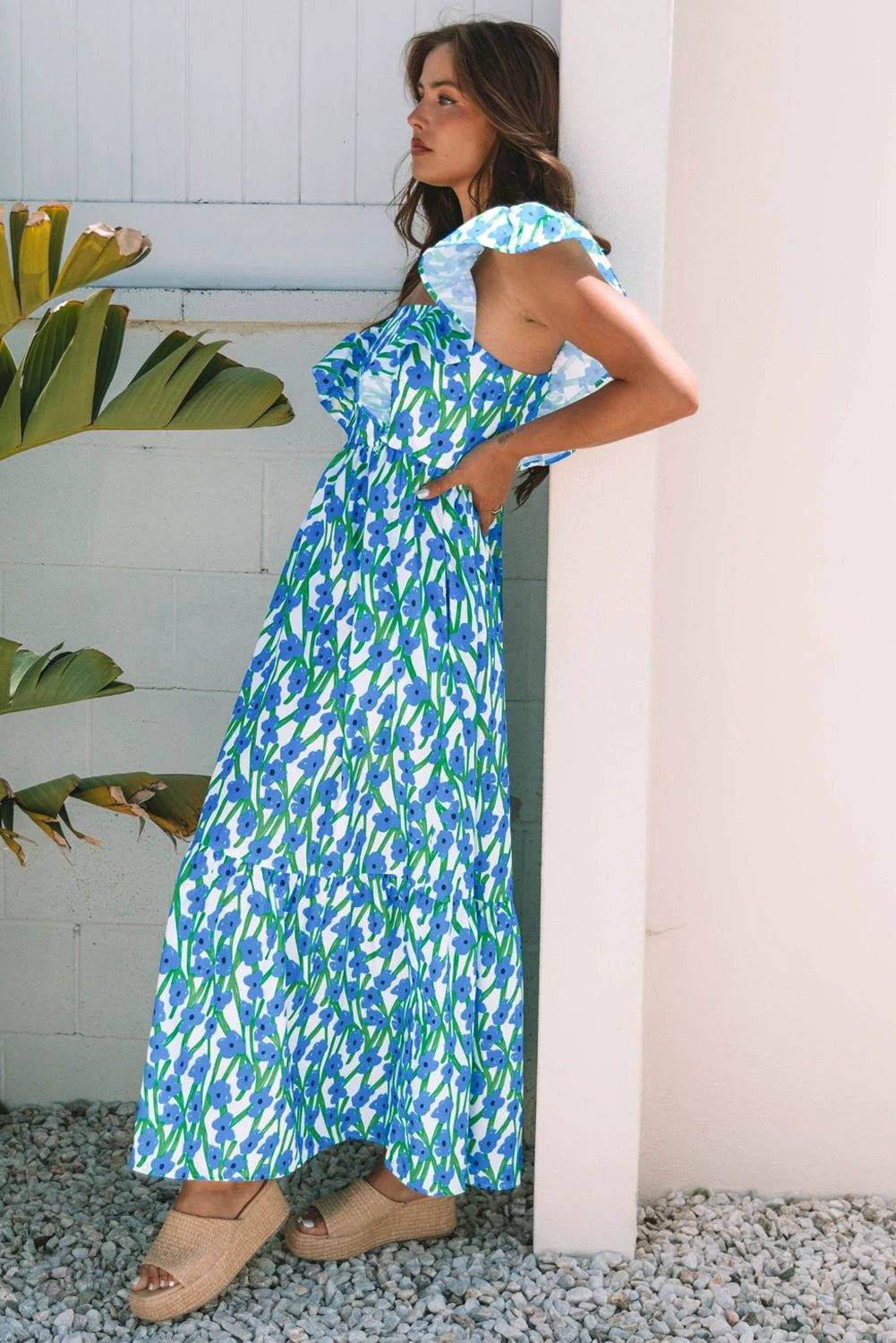 Dear-Lover Dropshipping Pink Floral Print Square Neck Ruffled Strap Maxi Dress - Dresses/Floral Dresses