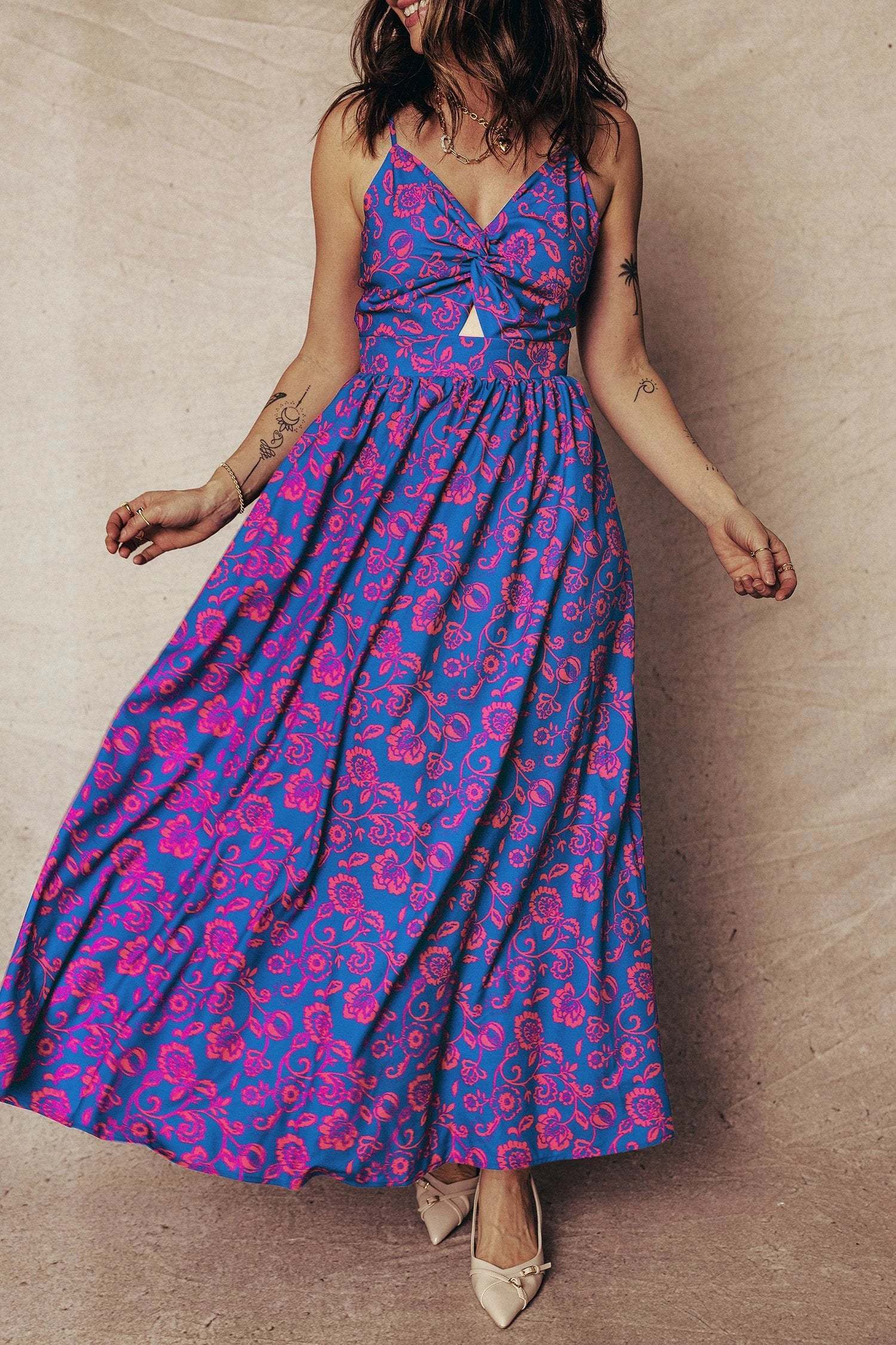 blue floral print twisted v neck tied backless maxi dress for women casual everyday outfit