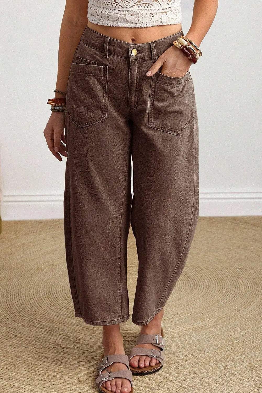 Barrel Jeans coffee brown ankle-length denim with square patch pockets