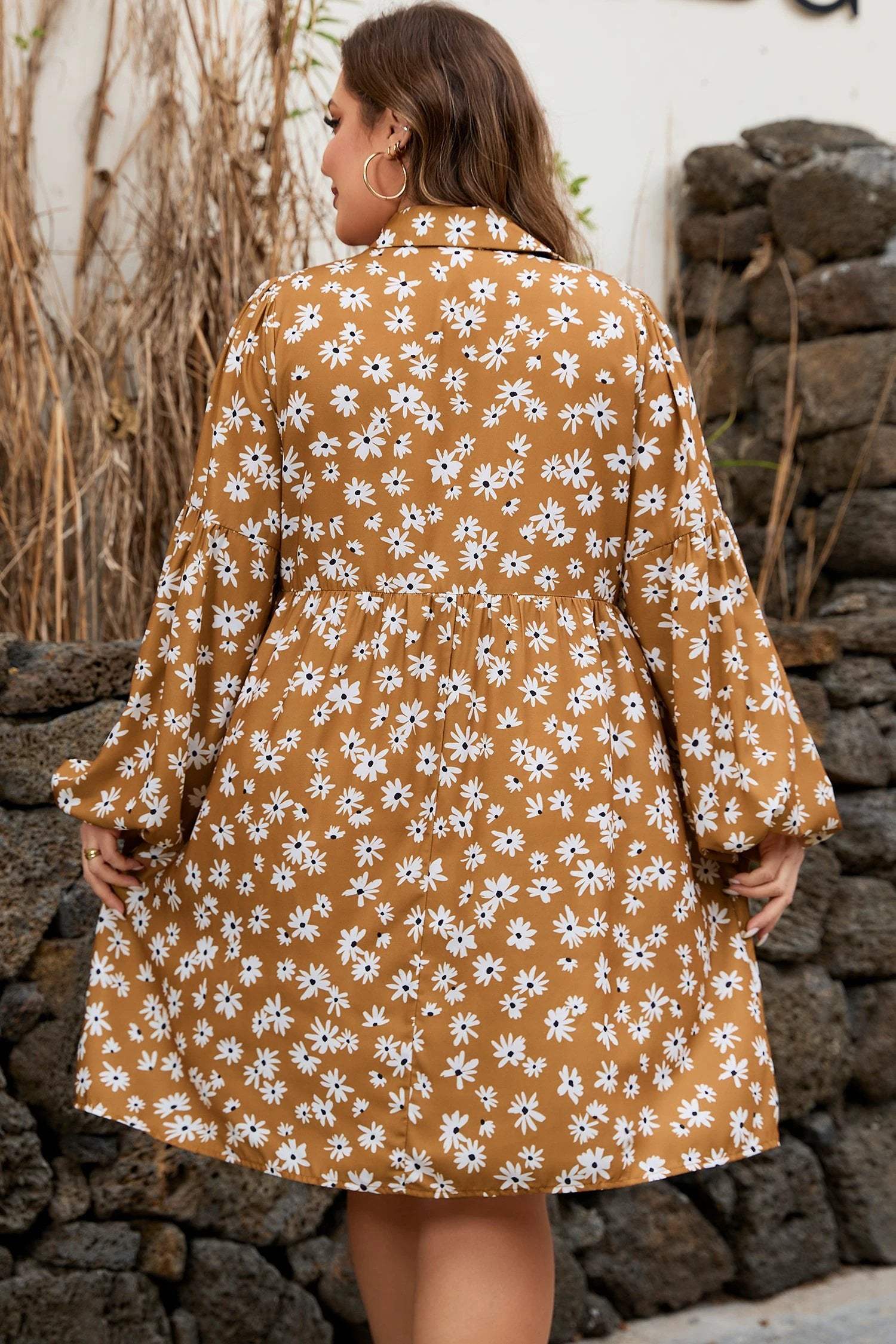 khaki plus size daisy floral print button split neck puff sleeve dress for women casual everyday outfit