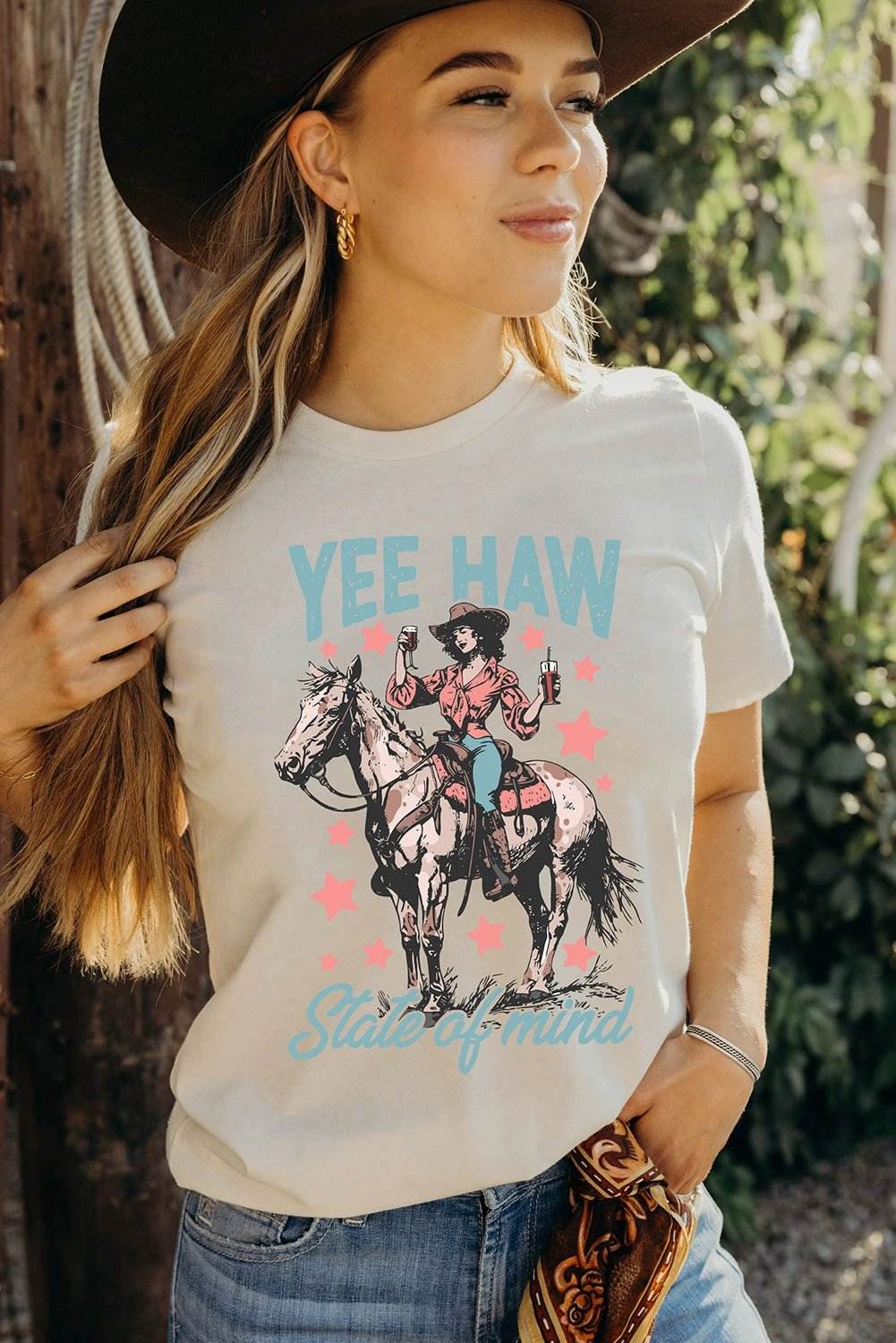 white yee haw state of mind cowgirl graphic western fashion tee for women casual everyday outfit