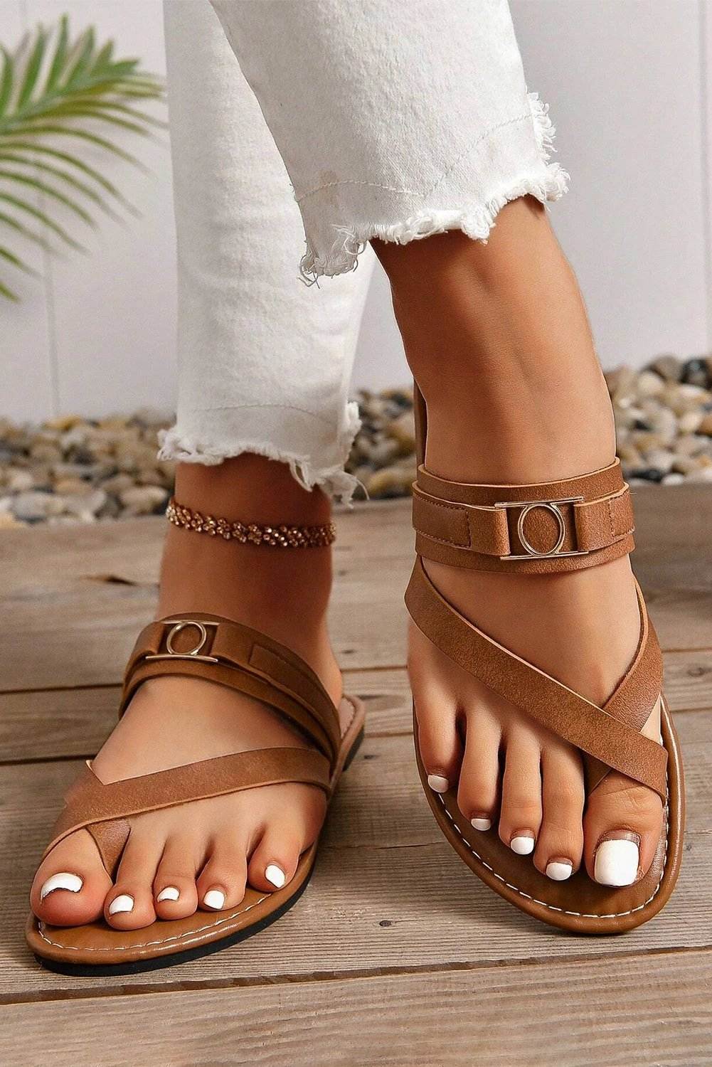 chestnut cross toe metal buckle leathered flat slippers for women casual everyday outfit