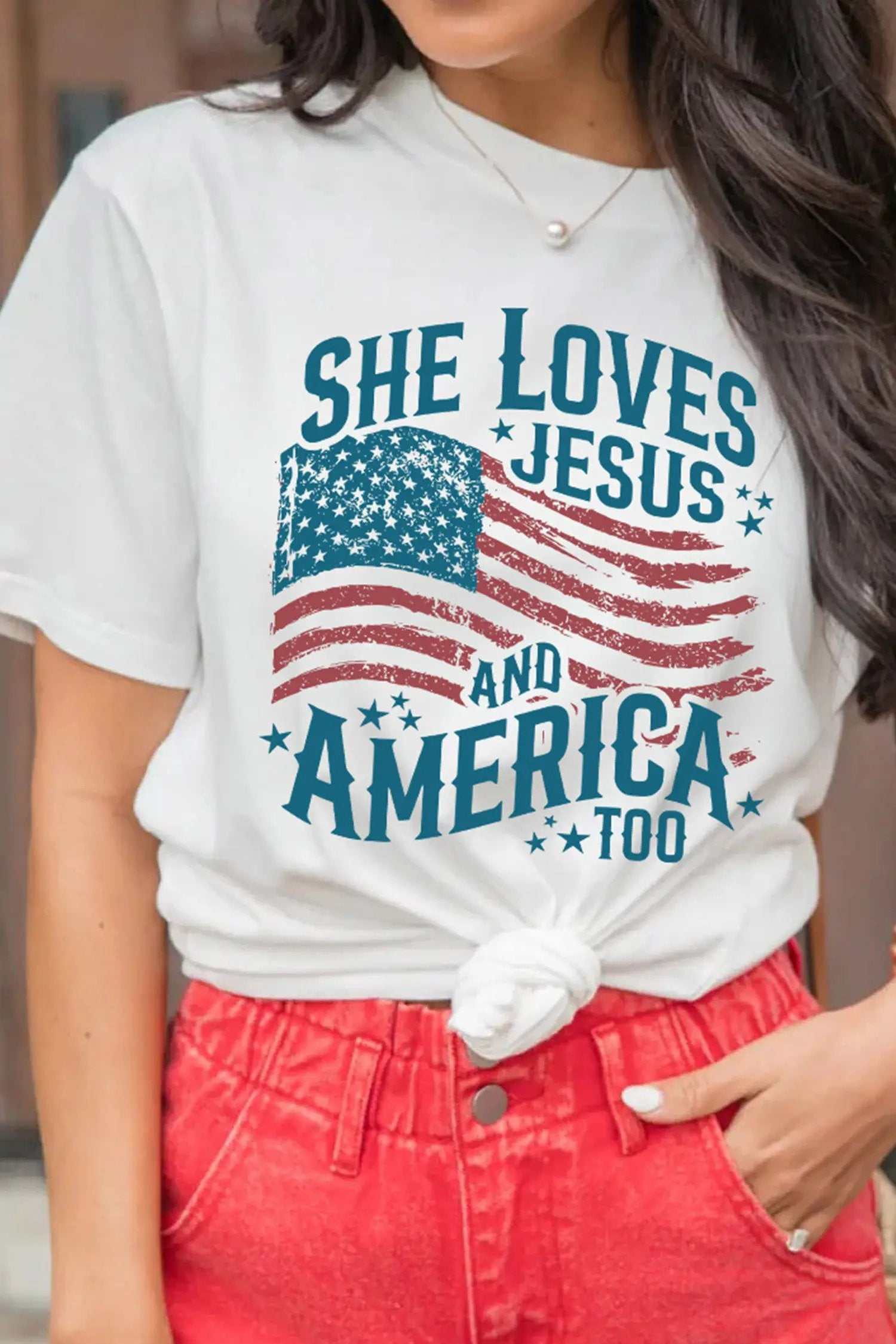 Patriotic Graphic Tee She Loves Jesus and America flag casual shirt