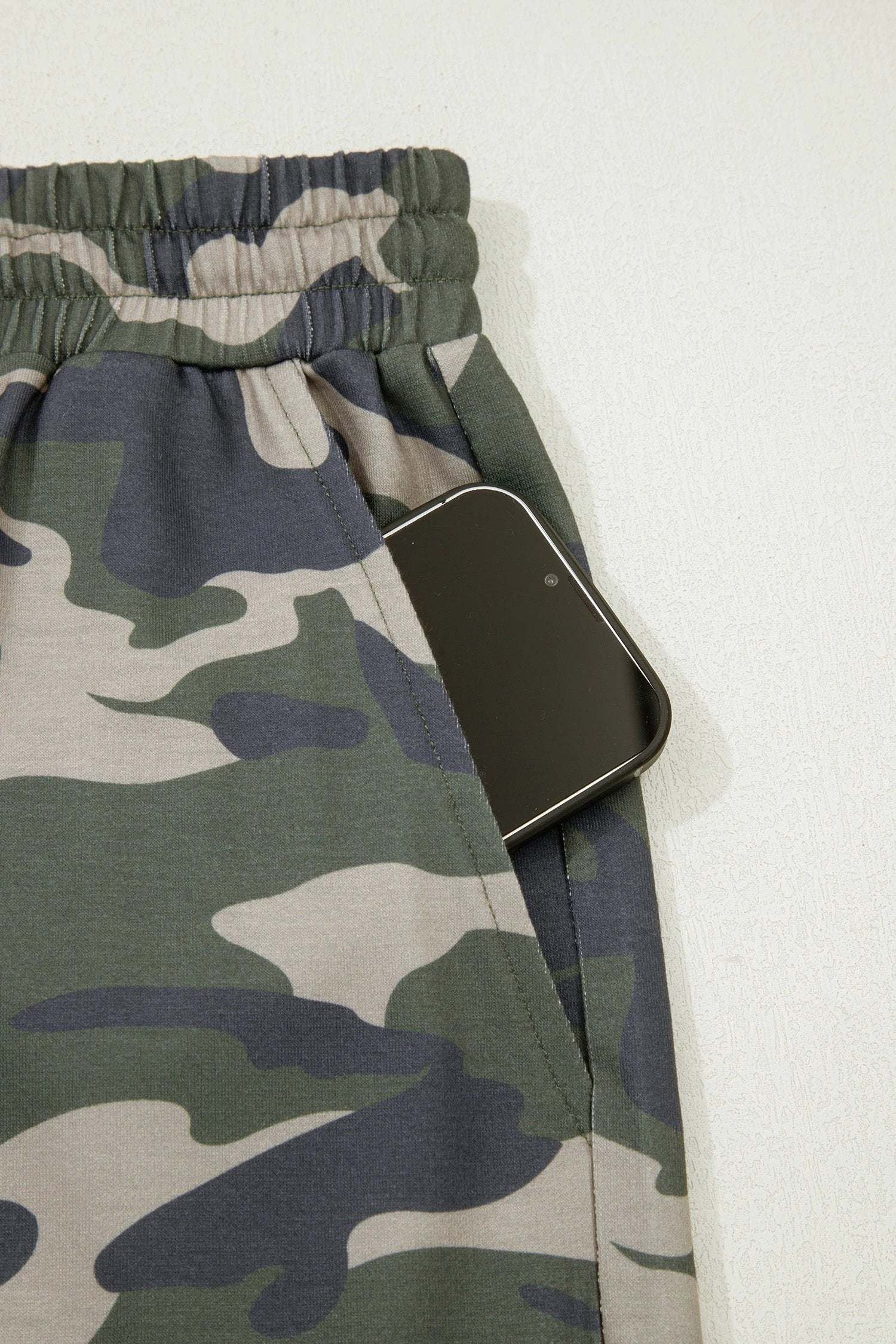 green tie elastic waist pocketed plus size camo shorts for women casual everyday outfit