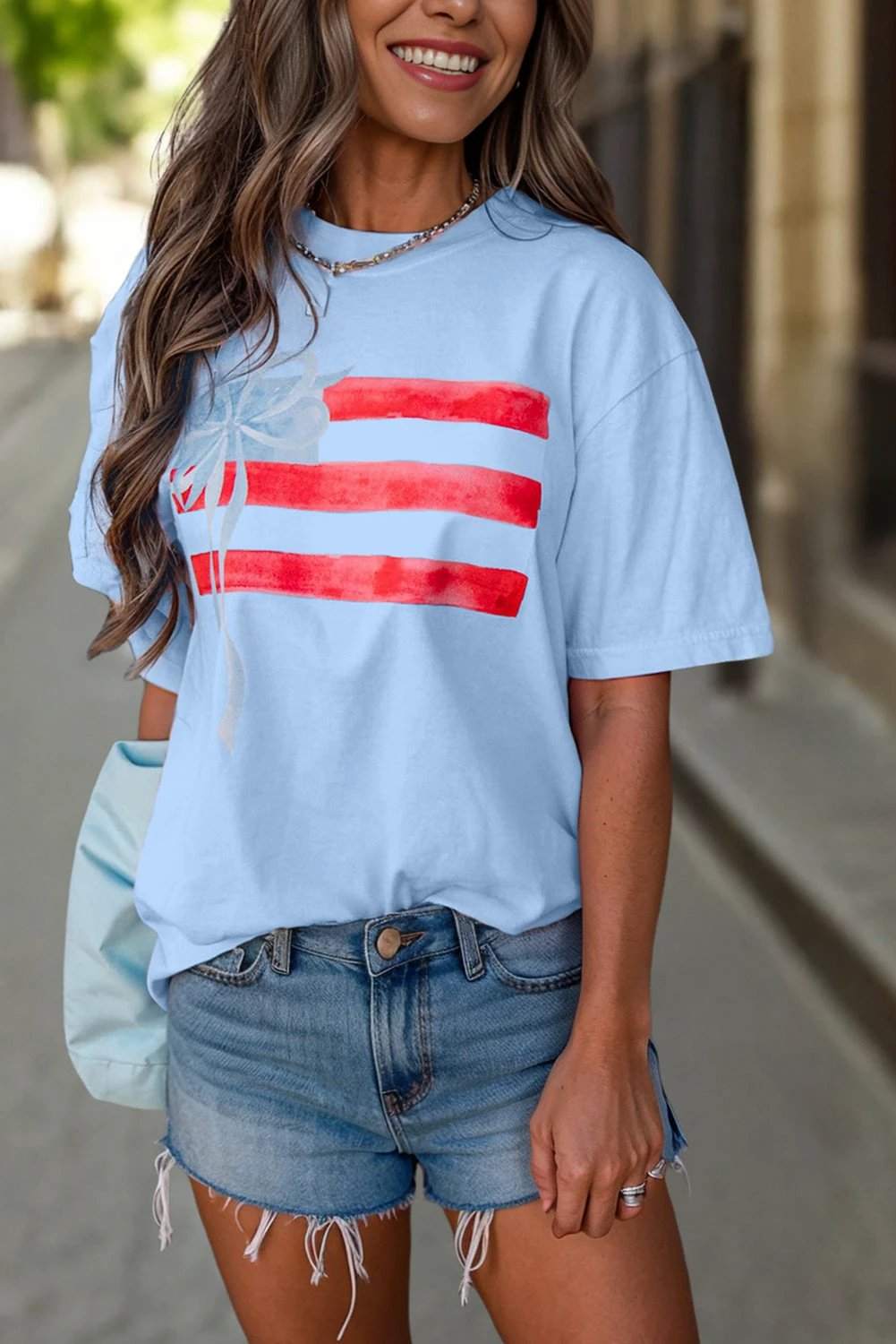 denim flag bow graphic crewneck tee for women casual everyday outfit