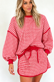 Red Gingham Oversized Ribbed Trim Crew Neck Long Sleeve Top and Skort Set