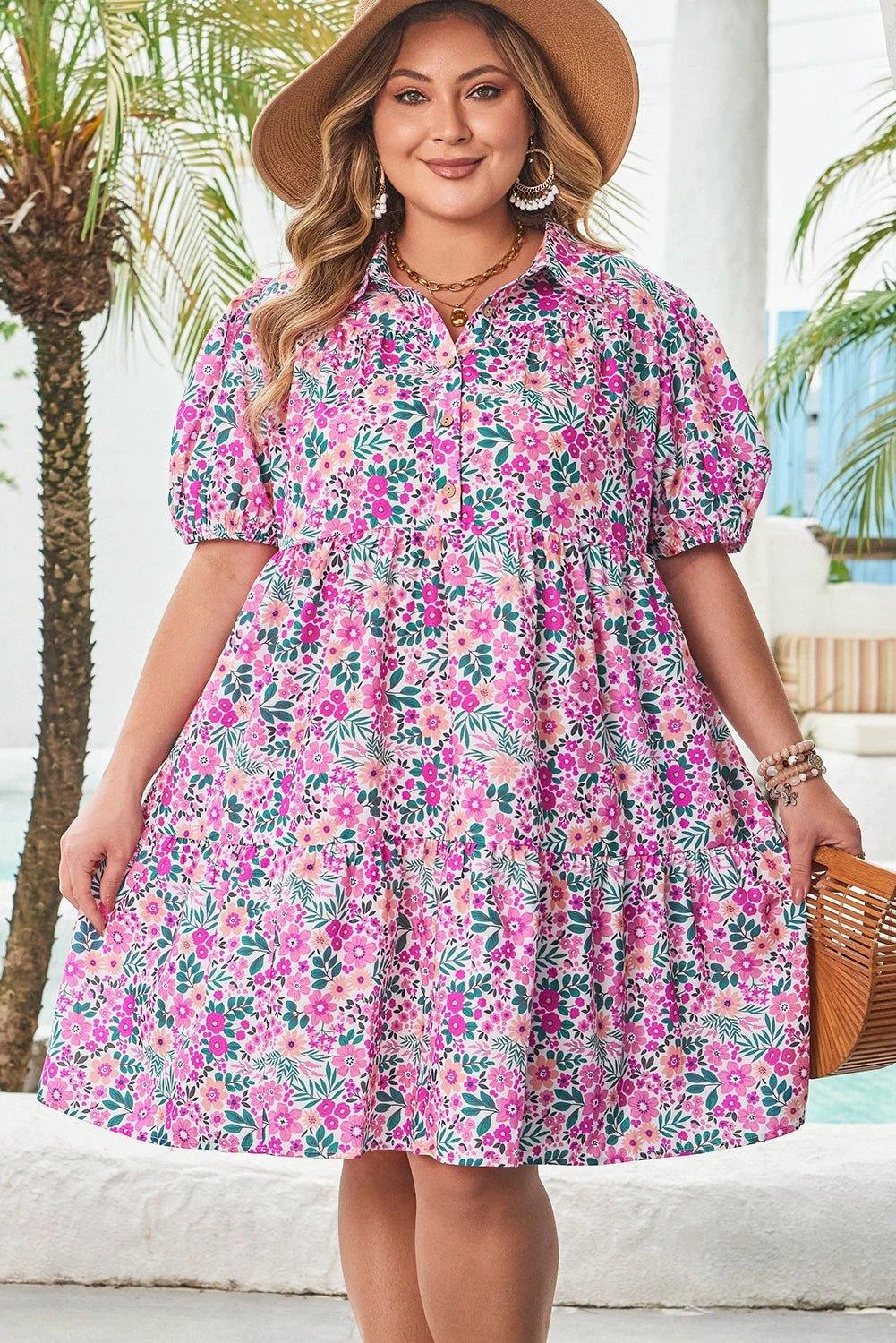 Dear-Lover Dropshipping Pink Plus Size Floral Half Button Short Puff Sleeve A-line Dress - Plus Size/Plus Size Dresses/Plus Size Mini Dresses