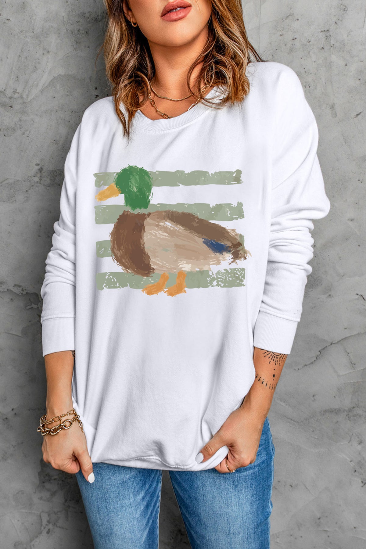 Western Duck Graphic Casual Pullover Sweatshirt