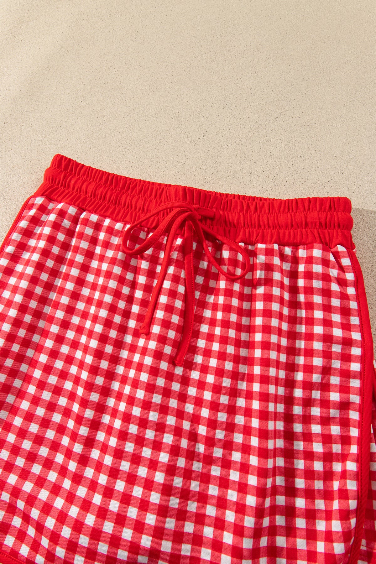Red Gingham Oversized Ribbed Trim Crew Neck Long Sleeve Top and Skort Set