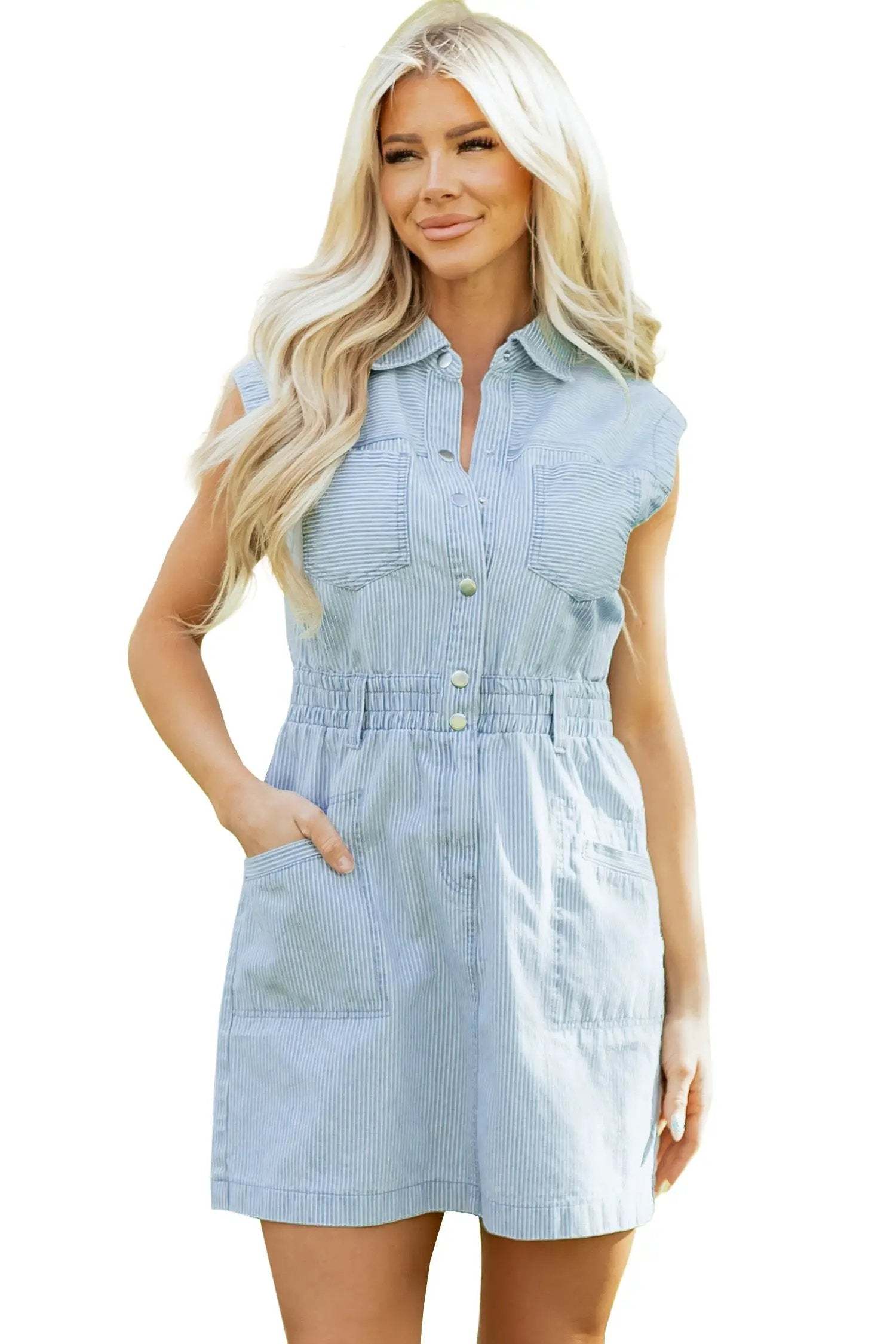 J&H Apparel Sky Blue Stripe Collared Button Front Sleeveless Denim Mini Dress - Dresses Dresses/Mini Dresses