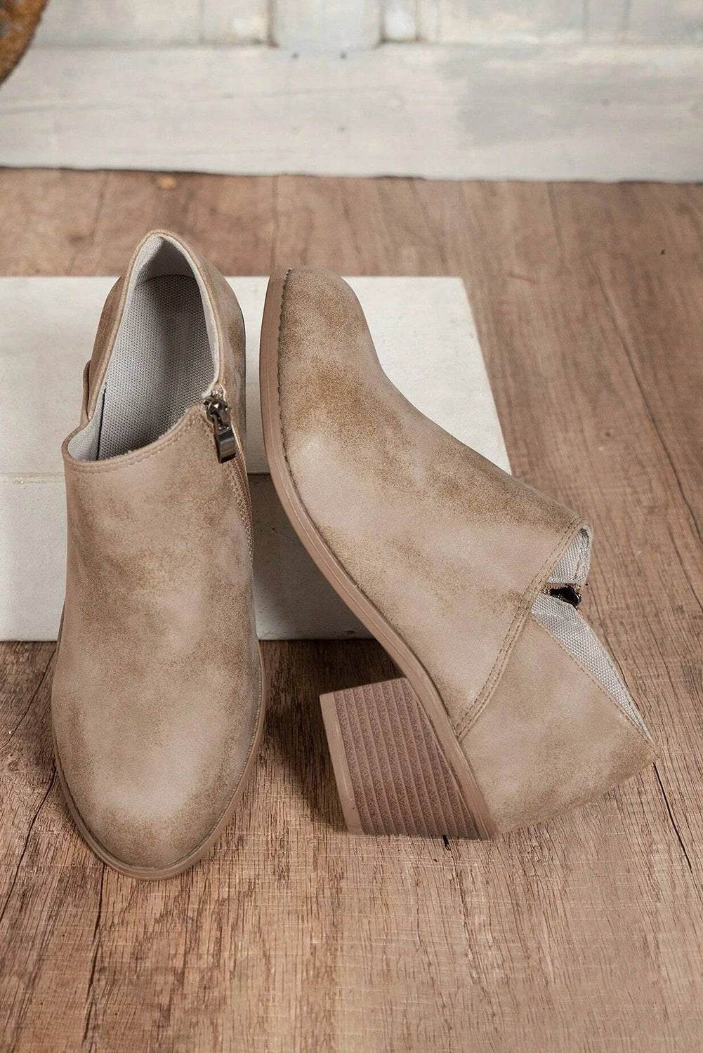 Philippine Gray Tulip Opening Suede Ankle Boots with tulip-cut detail and stacked heel