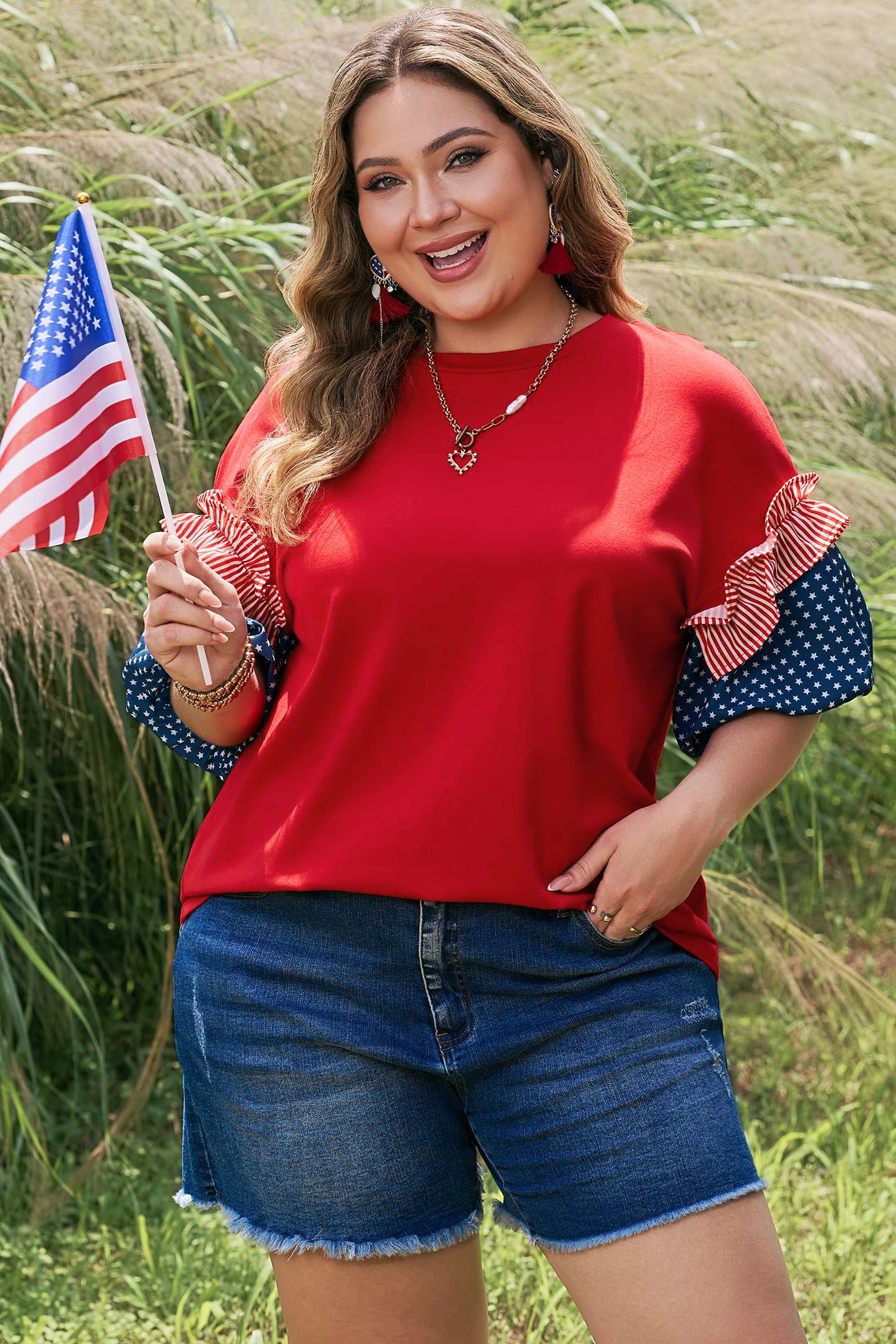 Plus Size Patchwork Star Top with Striped — plus size women's everyday top | J&H Apparel
