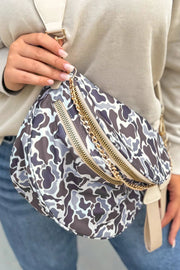 White camouflage print crossbody bag with dual zippers and gold chain strap for moms