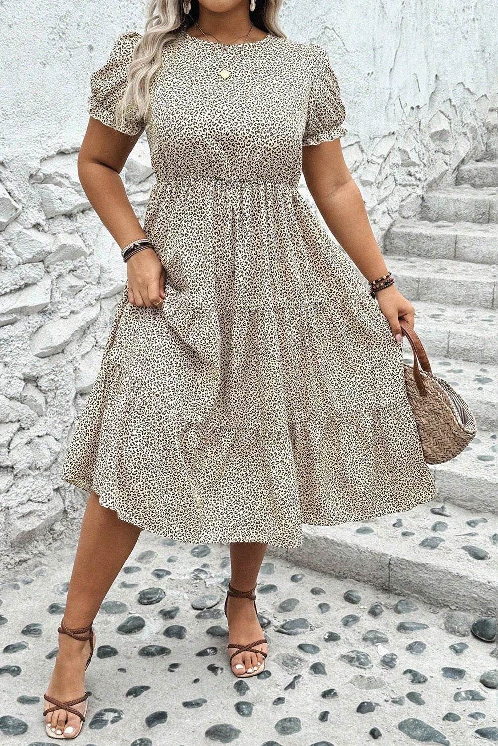 Plus size Everyday Goddess leopard print frill trim short sleeve flared dress