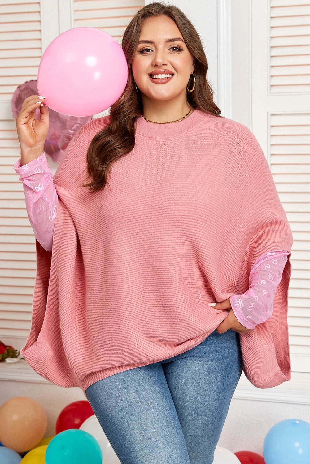 light pink ribbed knit half sleeve plus size poncho style sweater for women casual everyday outfit