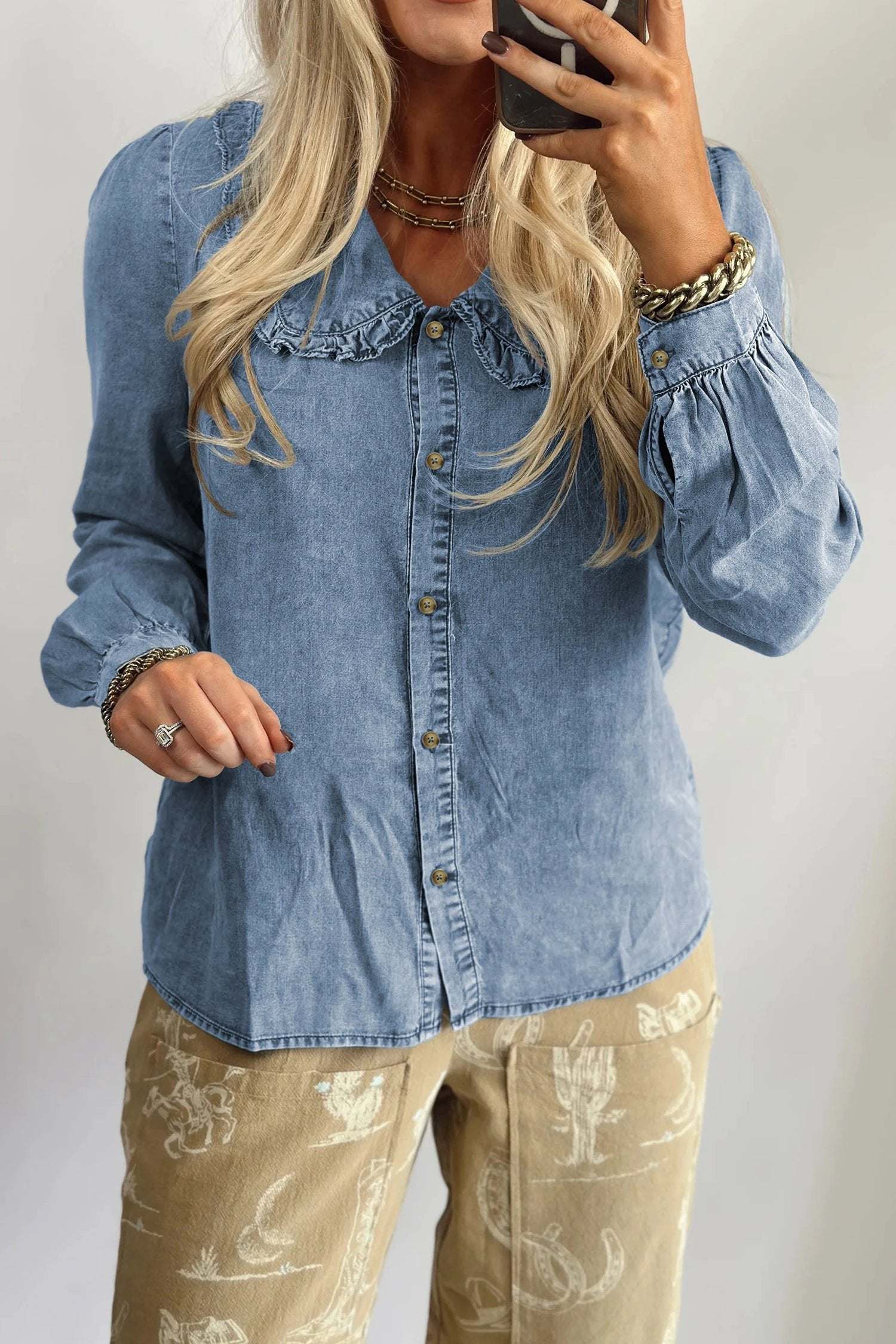 Soft Denim Blue ruffled peter pan collar western denim shirt for women casual everyday outfit