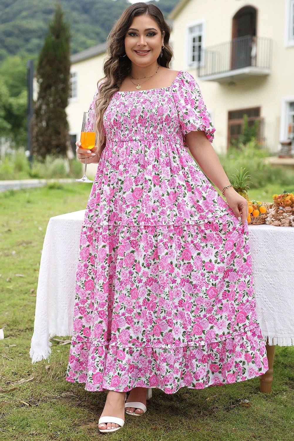 pink plus size floral print smocked puff sleeve dress for women casual everyday outfit