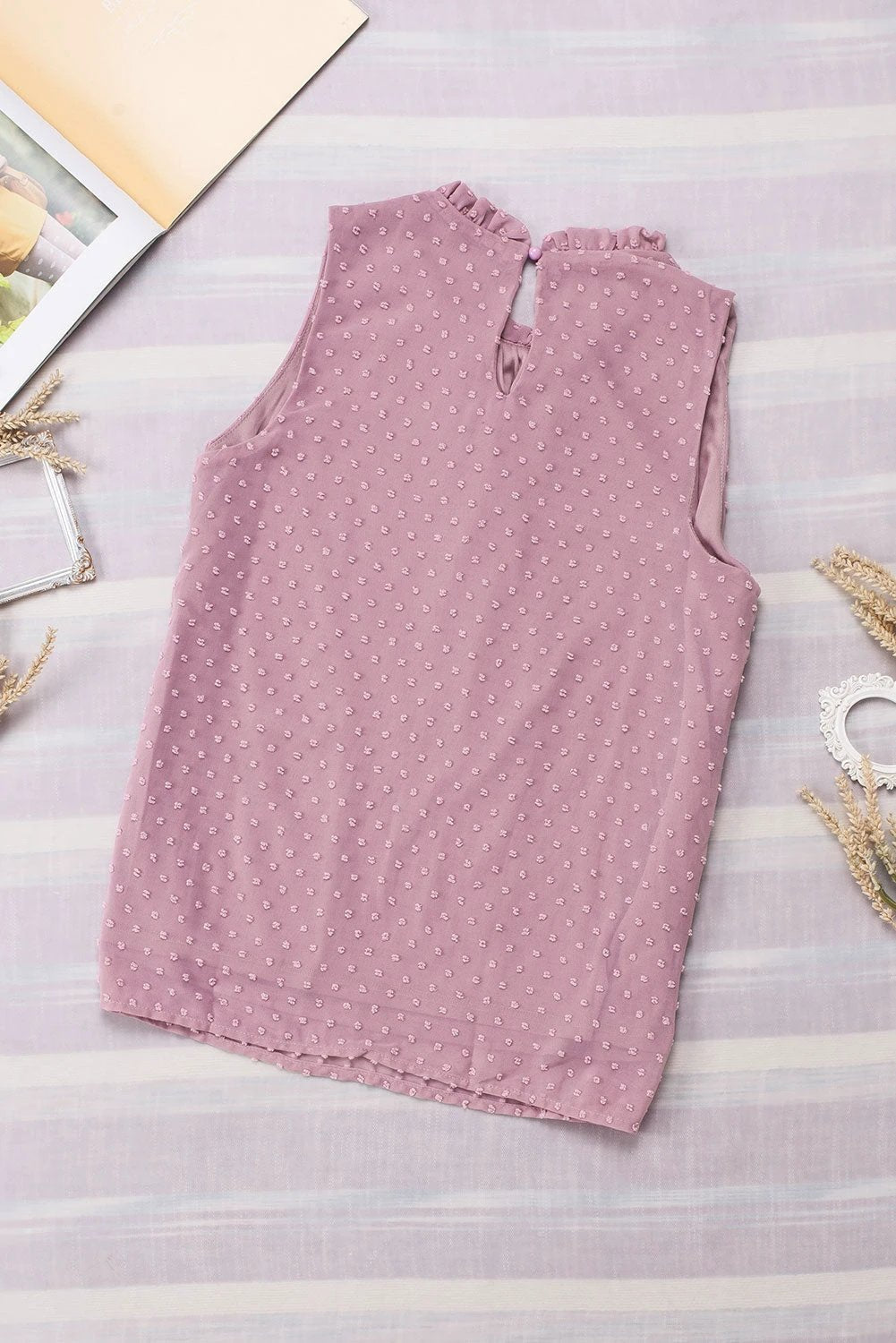 pink swiss dot sleeveless ruffle tank for women casual everyday outfit