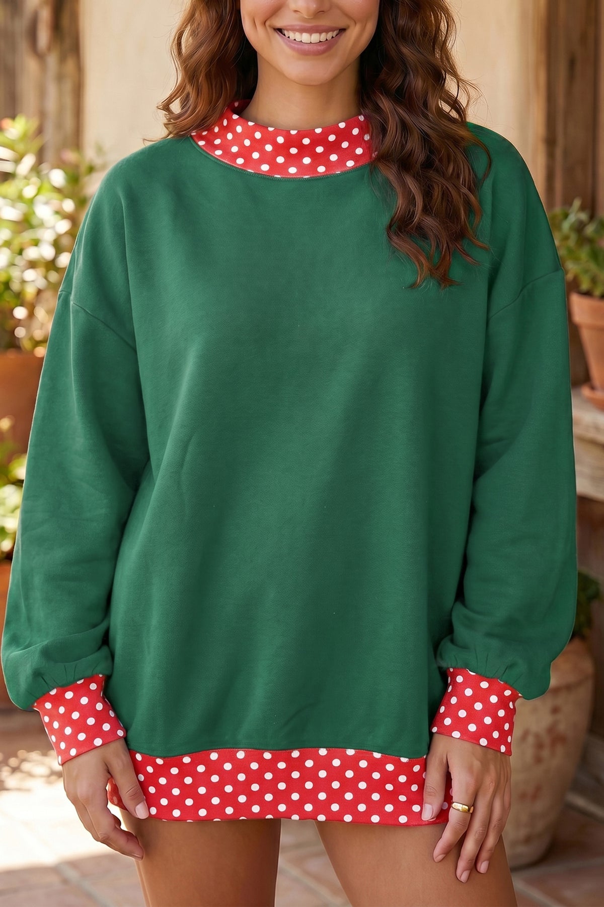 Orange Colorblock Polka Dot Contrast Trim Oversized Sweatshirt