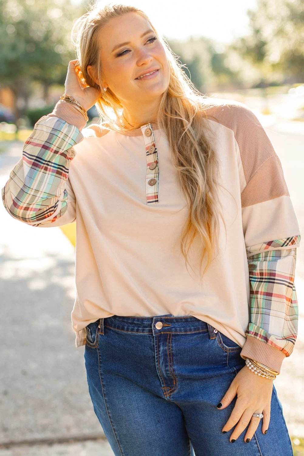 Plus size Everyday Diva plaid color block layered Henley top with patchwork sleeves
