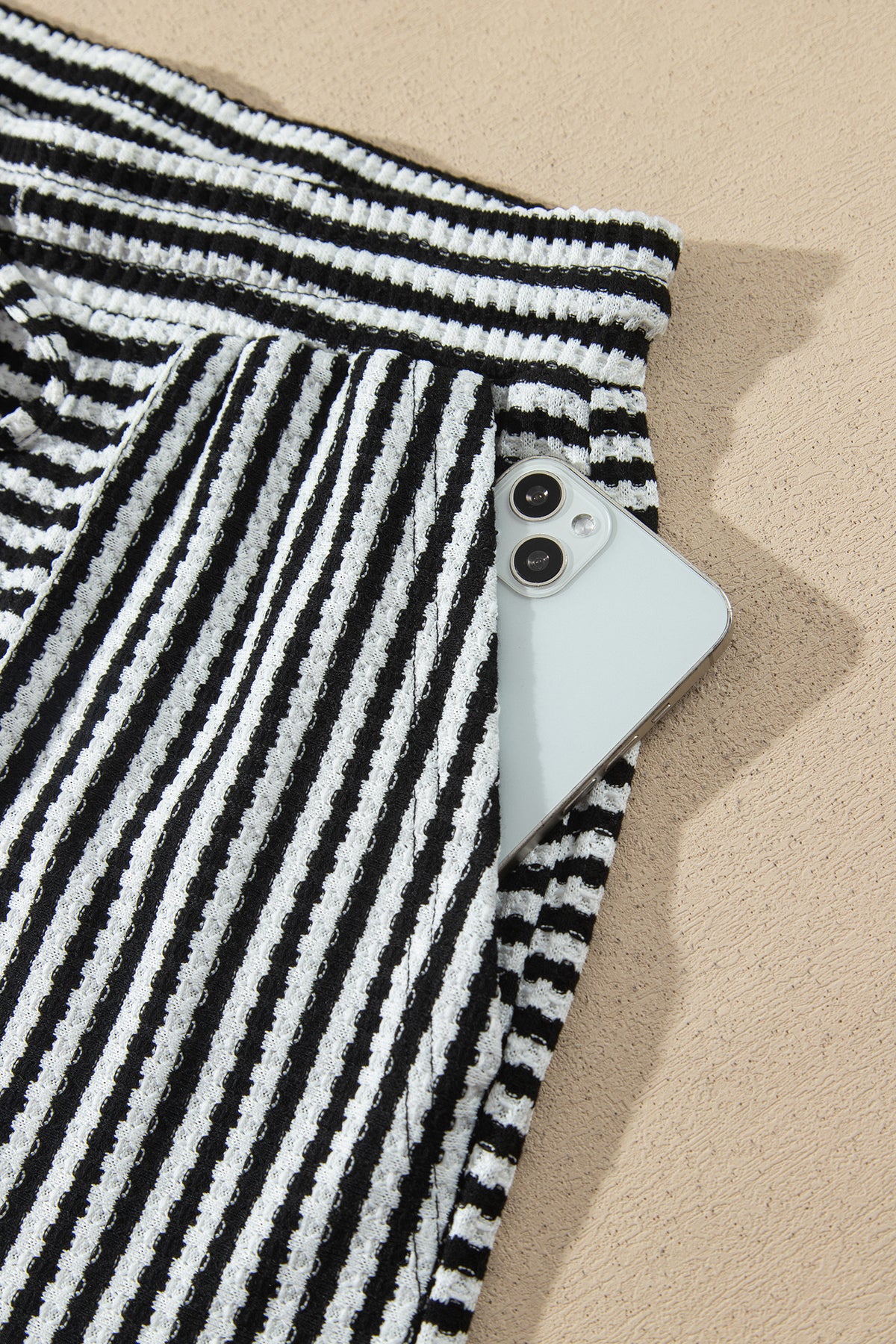 Brown Stripe Textured Knit Long Sleeve Top Elastic Waist Shorts Casual Outfit