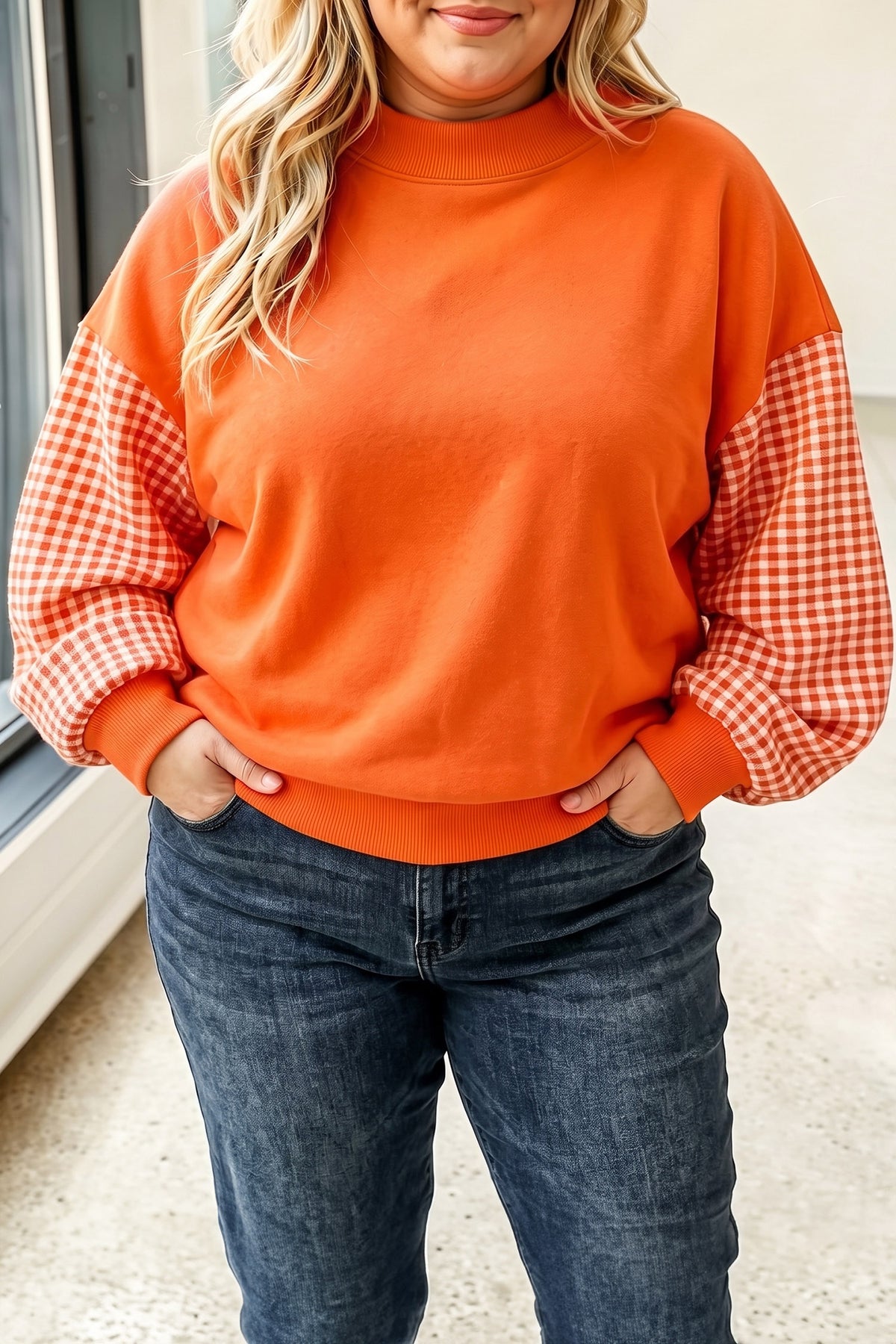 Plus Size Patchwork Plaid Loose Fit Long Sleeve Sweatshirt