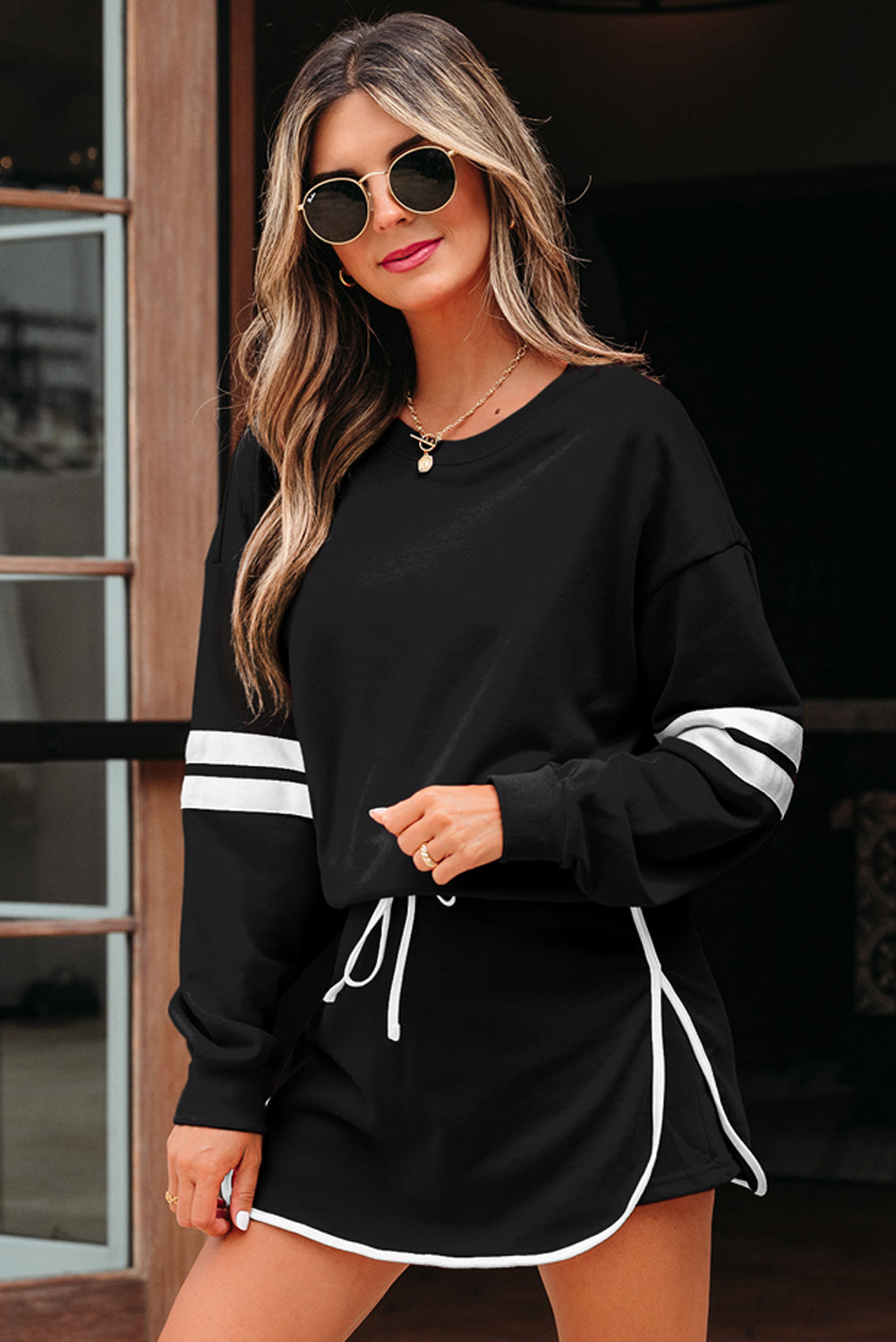 Navy Blue Varsity Stripe Detail Drop Shoulder Pullover Mini Skort Set