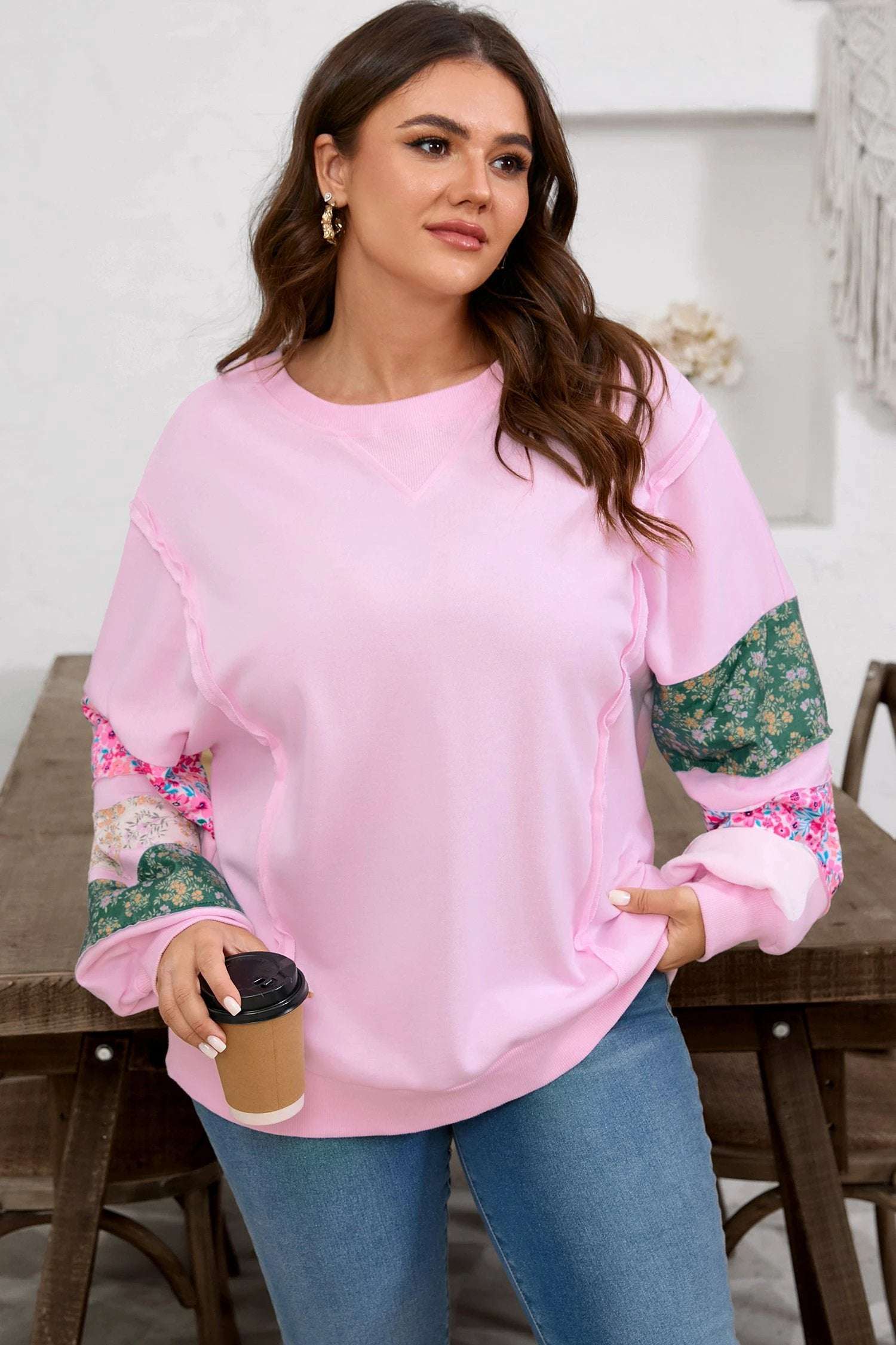 Plus size floral patched sleeve ribbed trim sweatshirt in relaxed fit